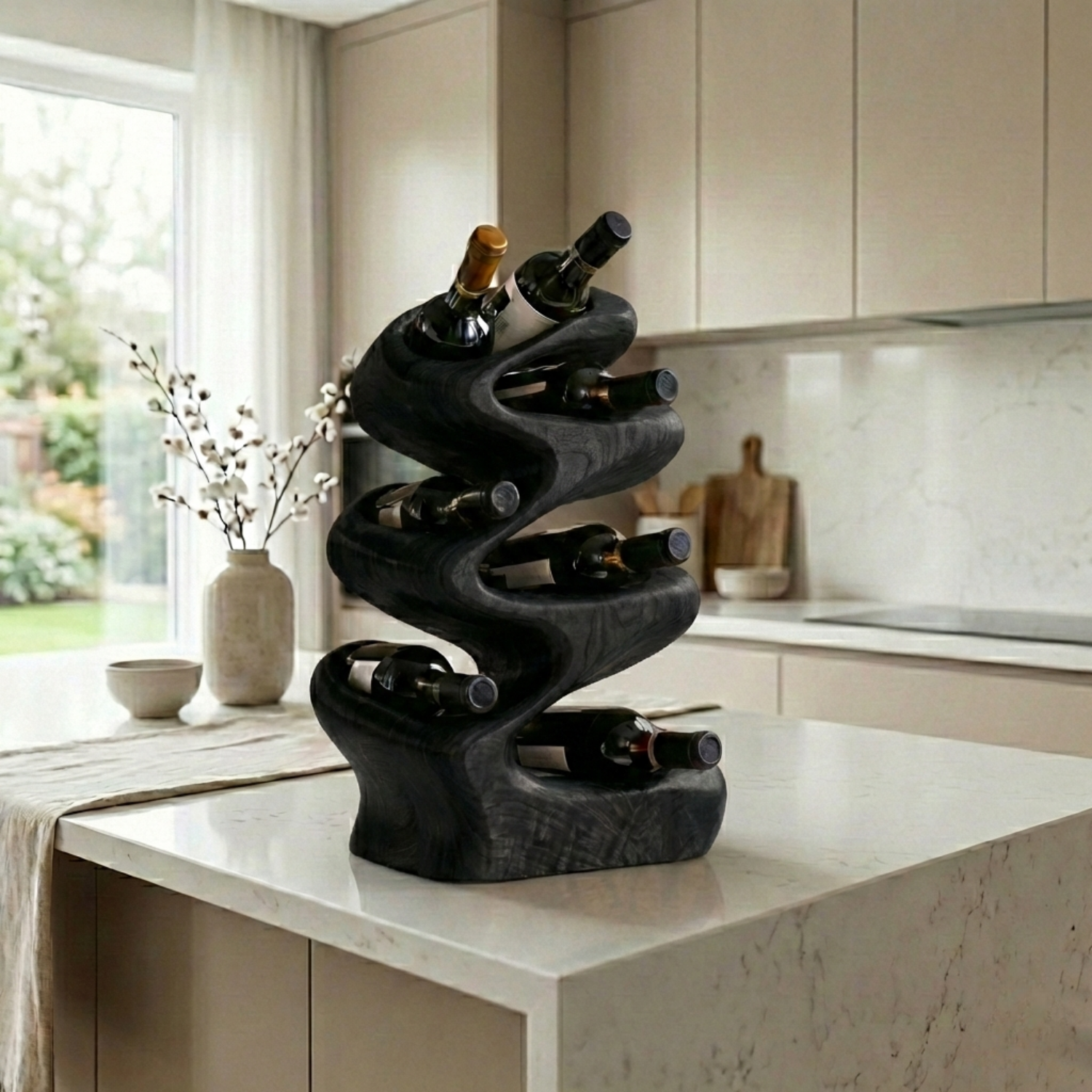Handcrafted Solid Wood Wine Holder – Sculptural Wave Countertop Wine Rack