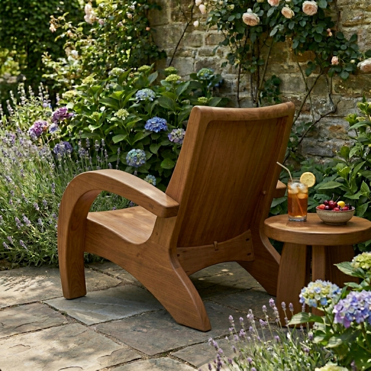 Modern Solid Wood Lounge Chair with Curved Armrests for Indoor & Outdoor Use