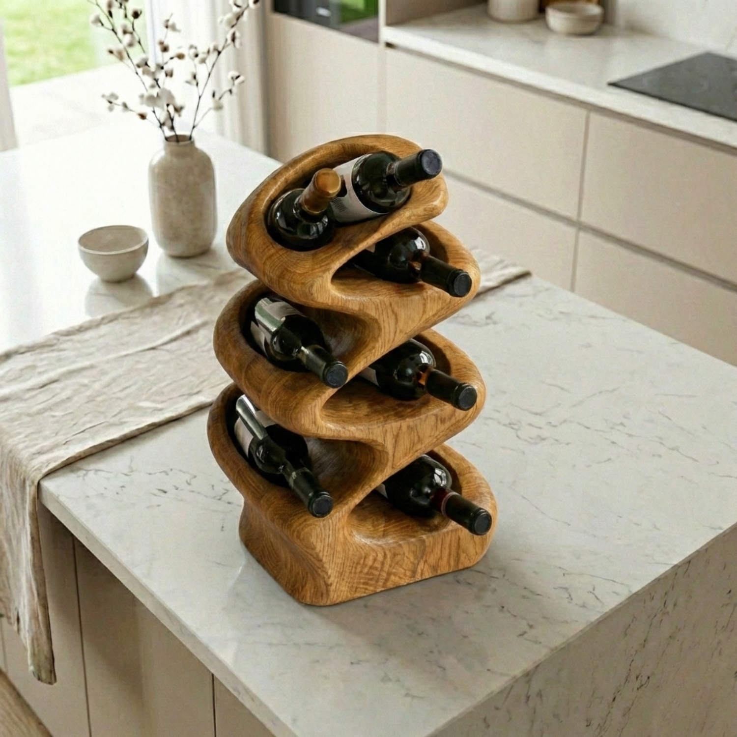 Handcrafted Solid Wood Wine Holder – Sculptural Wave Countertop Wine Rack