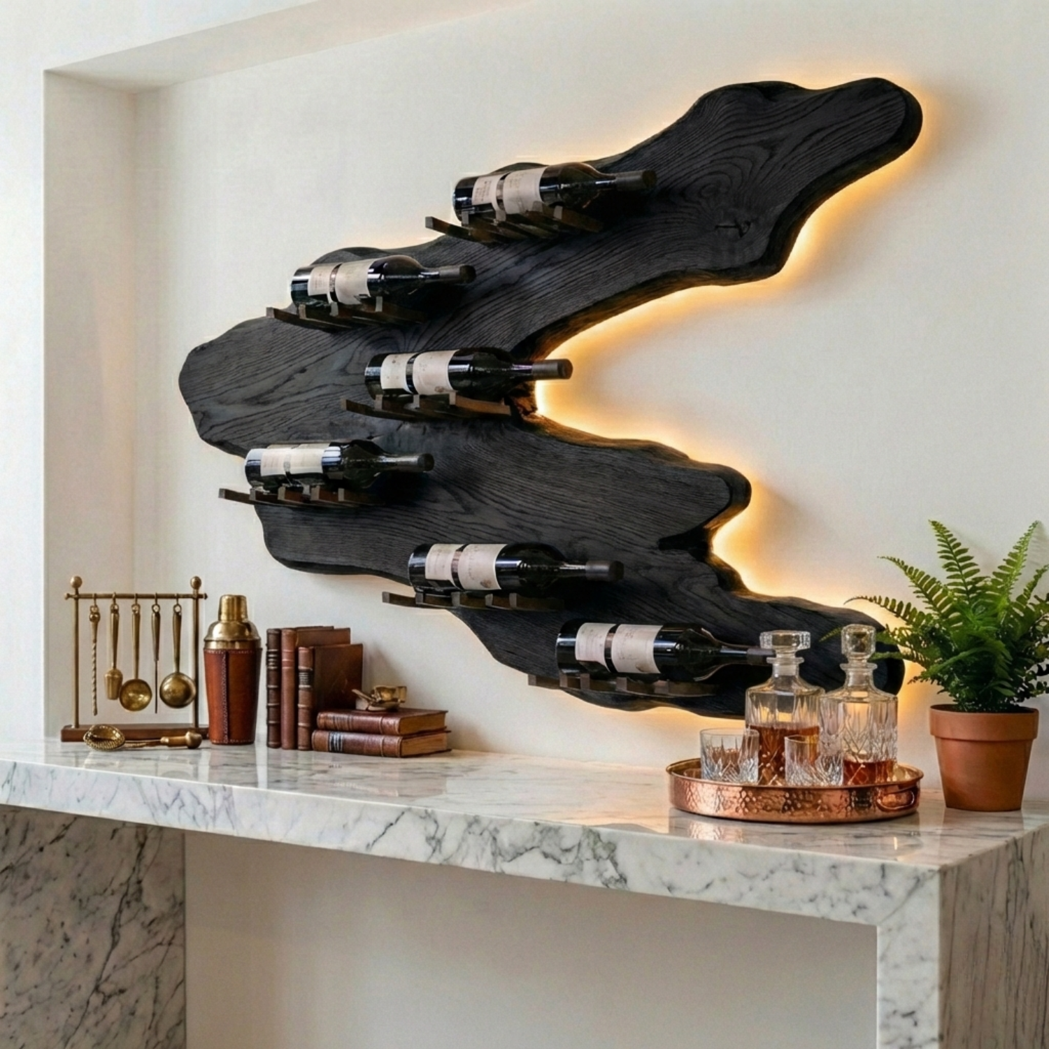 Handcrafted Solid Wood Wall Wine Holder – Live Edge Backlit Sculptural Wine Rack