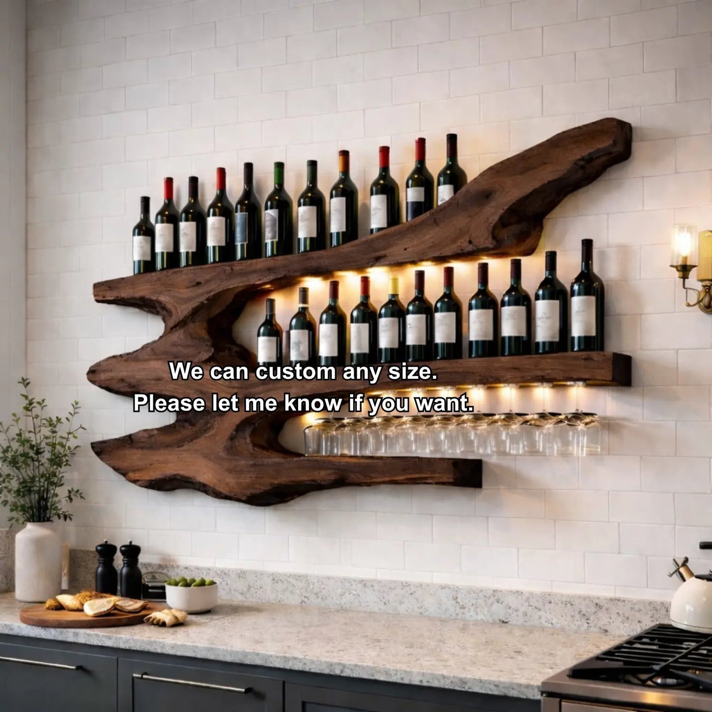 Solid Wood Live Edge Wall Wine Rack with Multi Bottle Shelves and Hanging Glass Holder Kitchnce