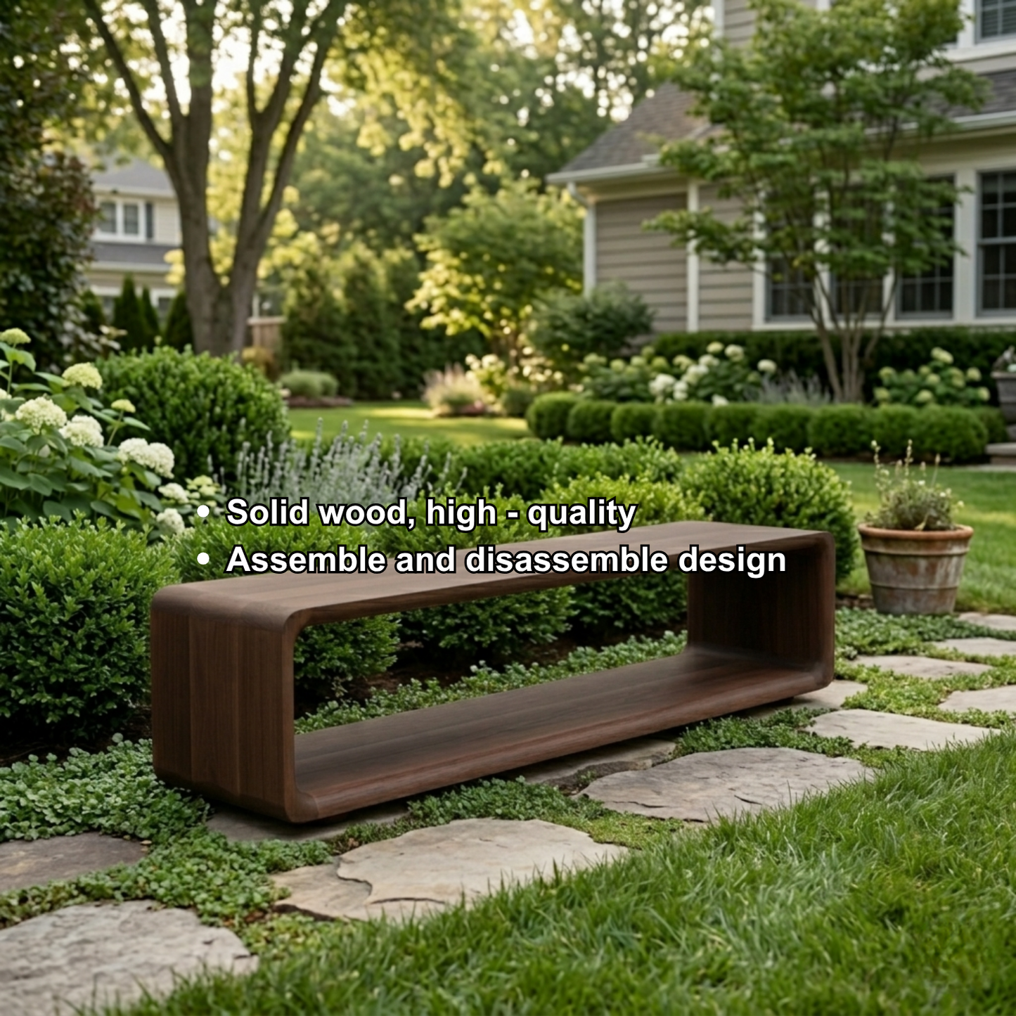 Solid Wood Outdoor Bench with Open Shelf Base and Rounded Waterfall Frame