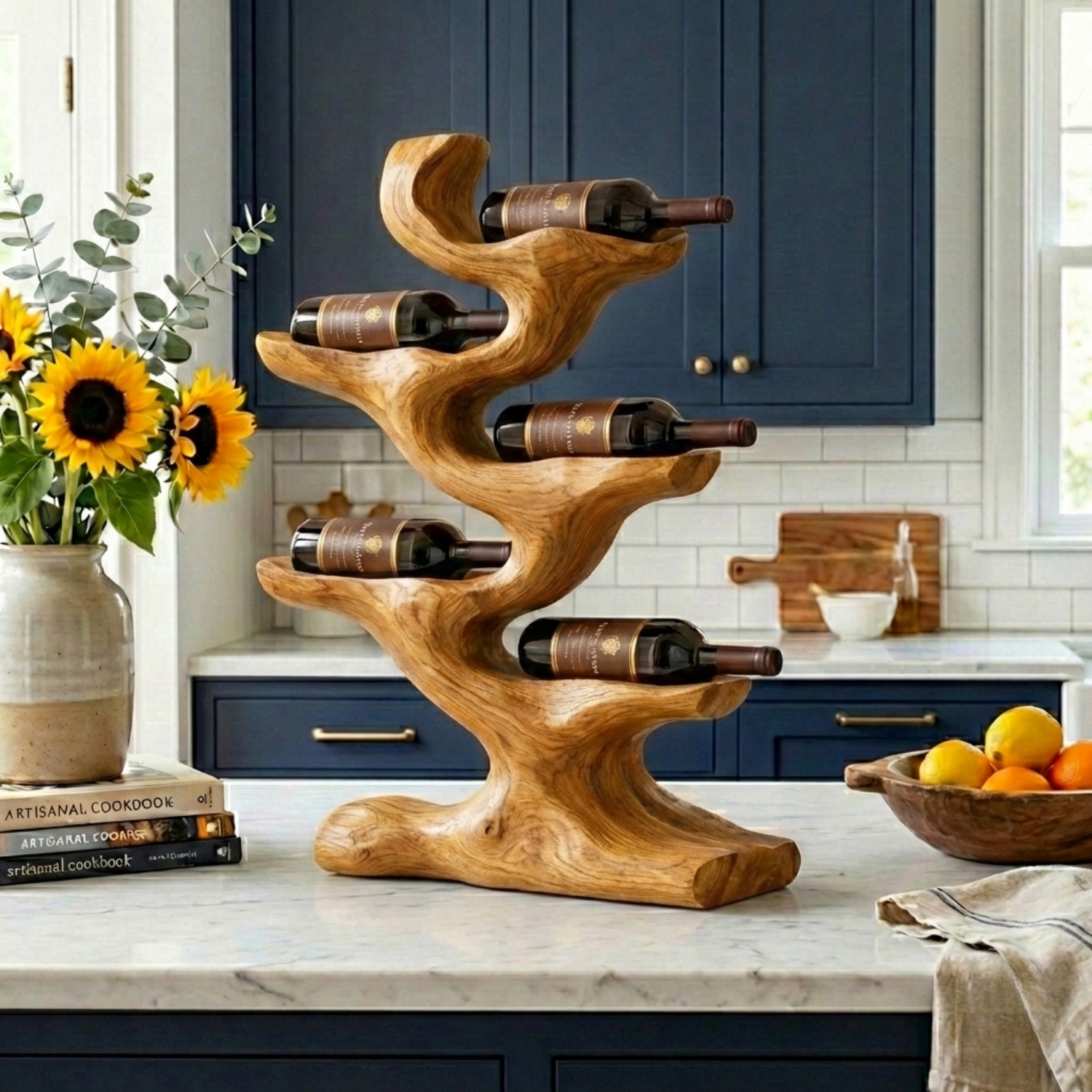 Handcrafted Solid Wood Wine Holder – Sculptural Tree Countertop Wine Rack