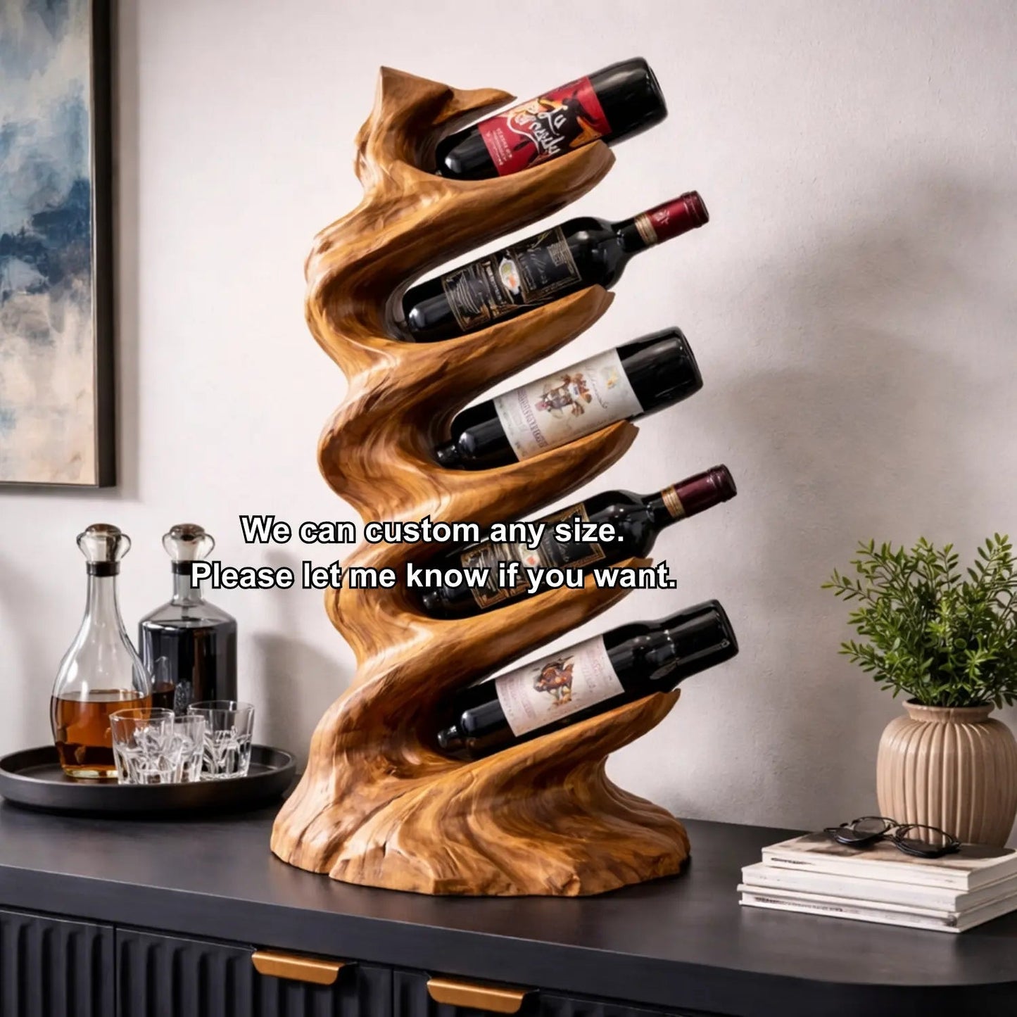 Solid Wood Sculptural Wine Holder with Vertical Wave Design Bottle Display Stand Kitchnce