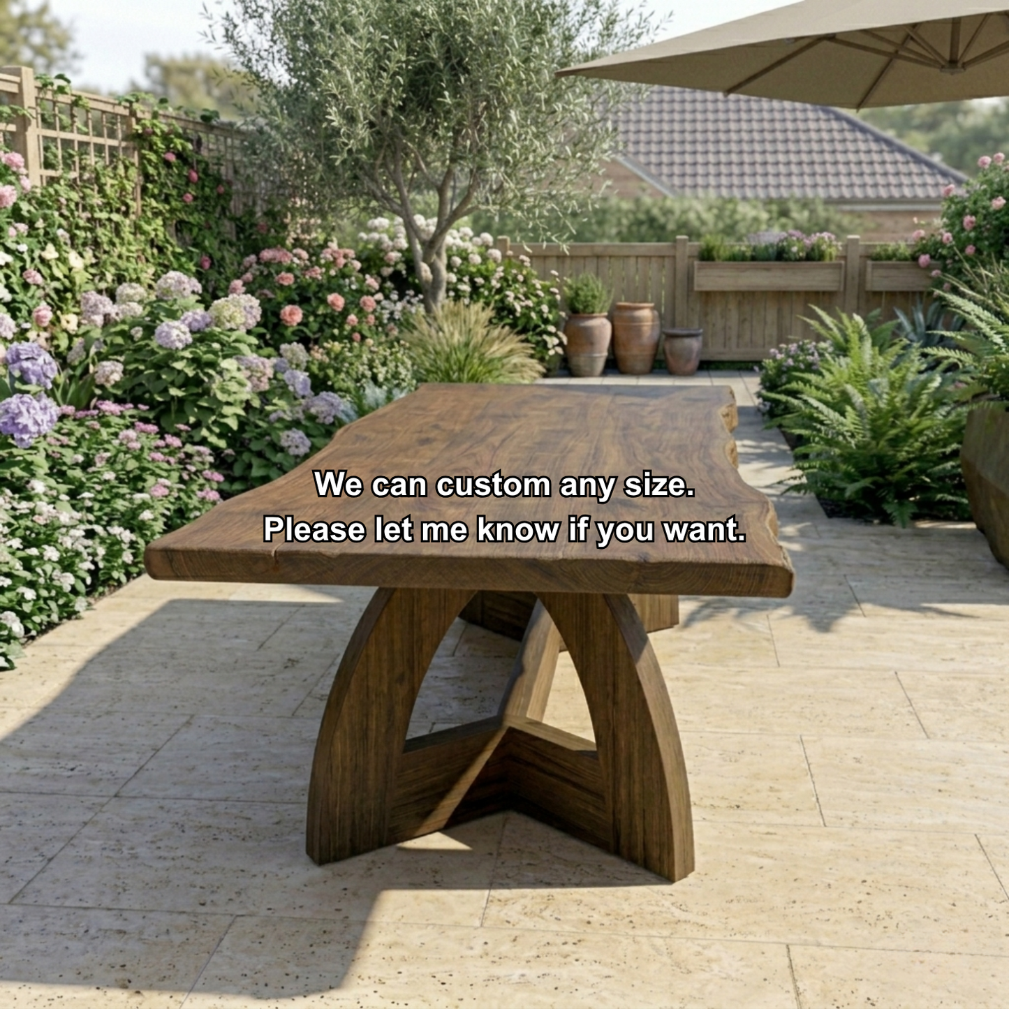 Live Edge Solid Wood Outdoor Dining Table with Sculptural Arch Pedestal Base