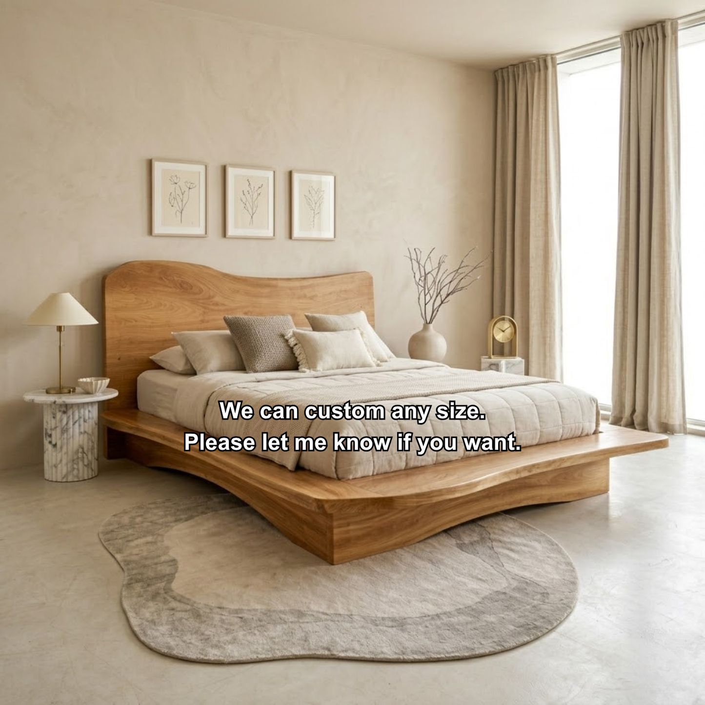 Solid Wood Platform Bed Frame with Sculpted Wave Headboard and Floating Base
