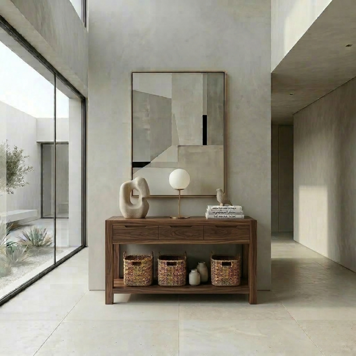 Solid Wood Console Table with Drawers and Shelf – Modern Minimalist En