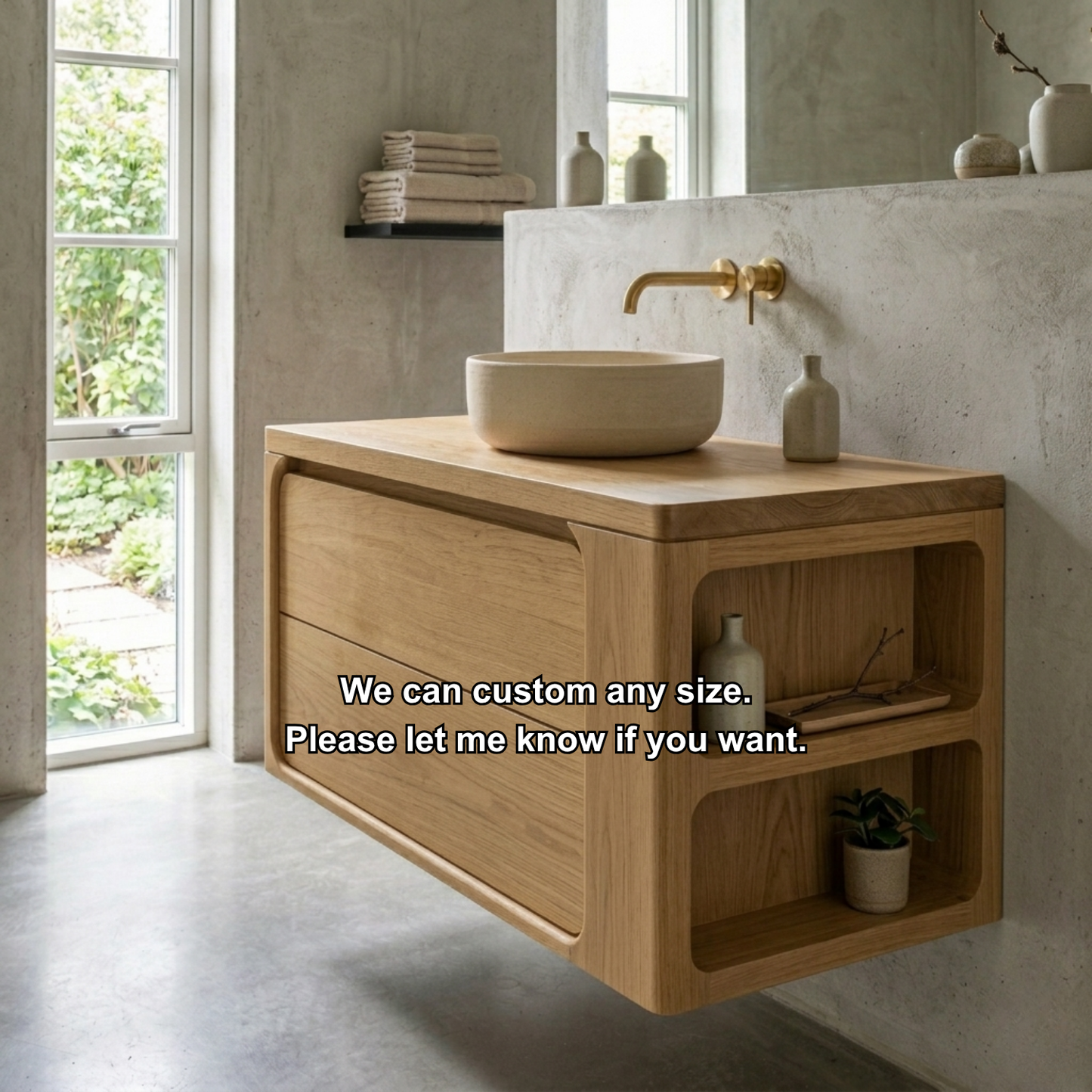 Floating Solid Wood Bathroom Vanity with Curved Frame and Integrated Side Shelves