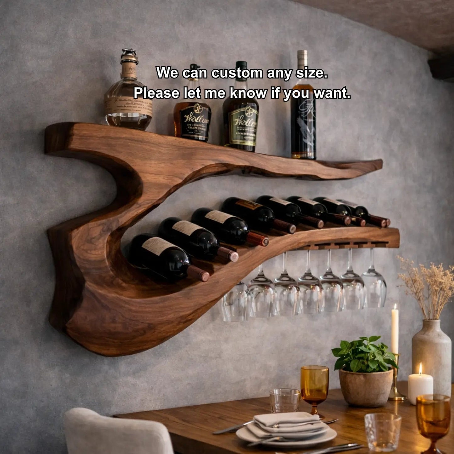 Solid Wood Sculptural Wall Wine Rack with Curved Bottle Shelf and Hanging Glass Holder Kitchnce