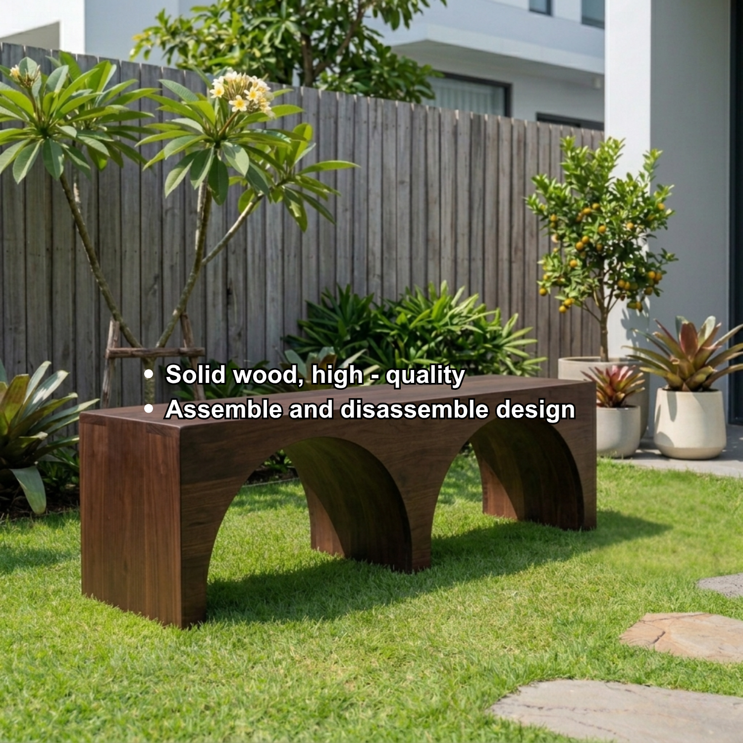 Solid Wood Outdoor Bench with Double Arch Base Minimalist Rectangular Design