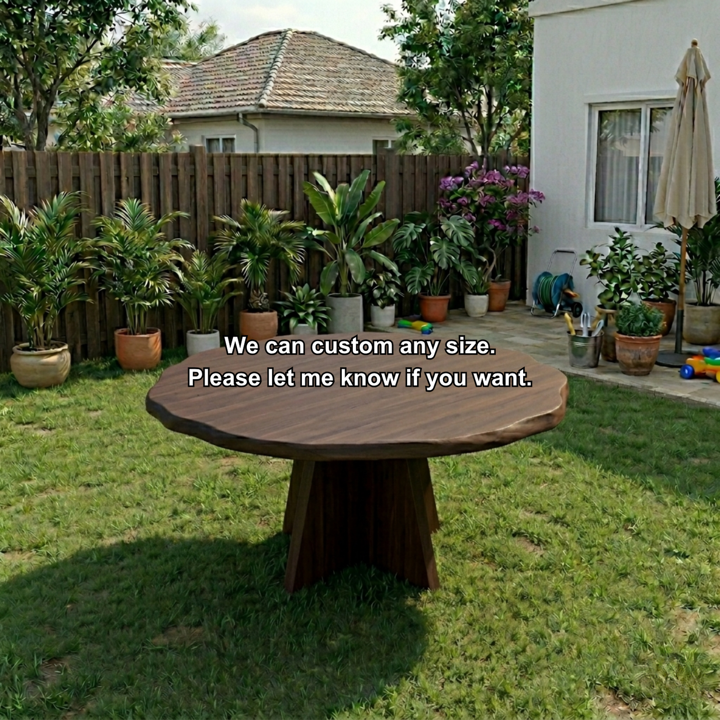 Round Live Edge Solid Wood Outdoor Dining Table with Sculptural Cross Pedestal Base