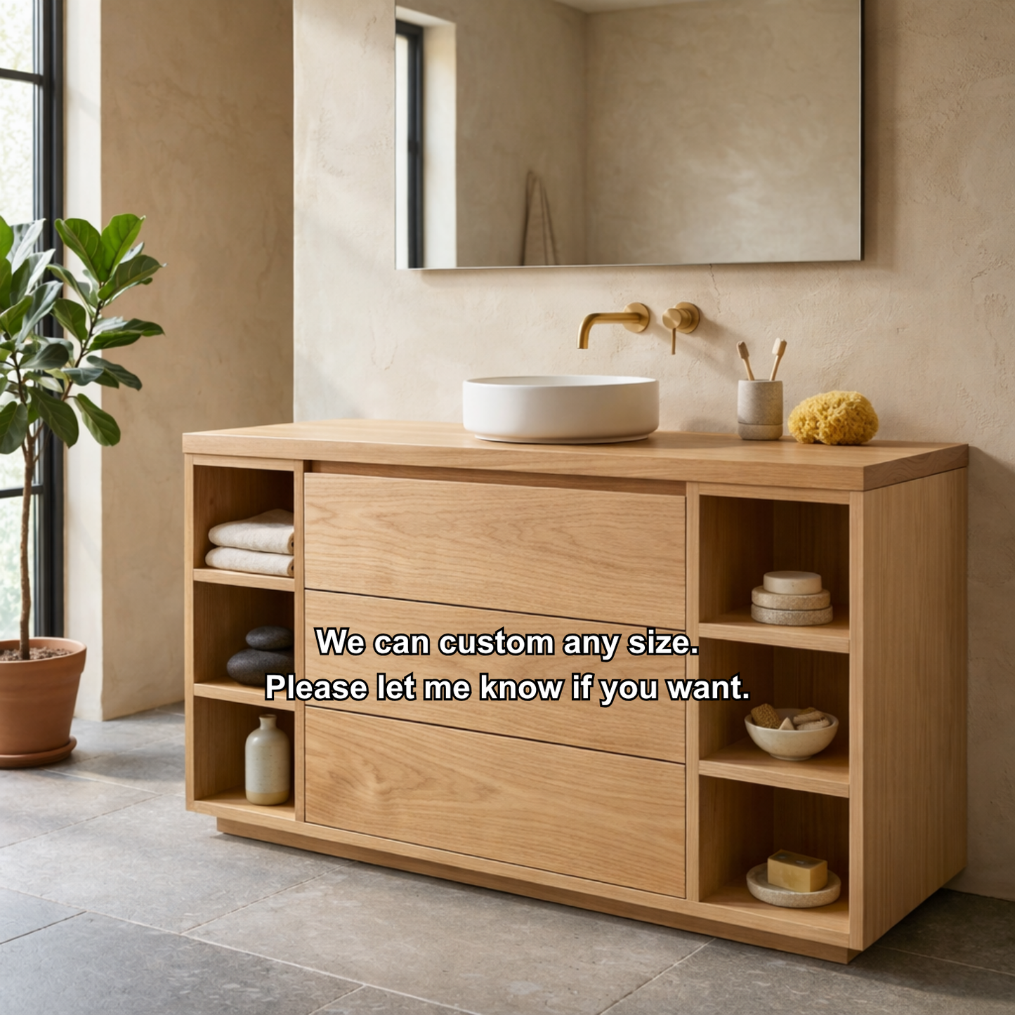Solid Wood Bathroom Vanity with Three Drawers and Open Side Shelves on Both Sides
