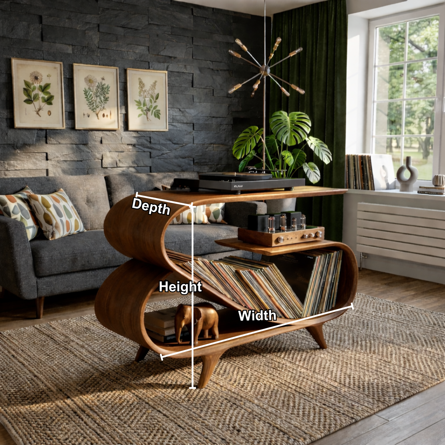 Wave Curve Solid Wood Record Player Stand with Vinyl Storage Shelf