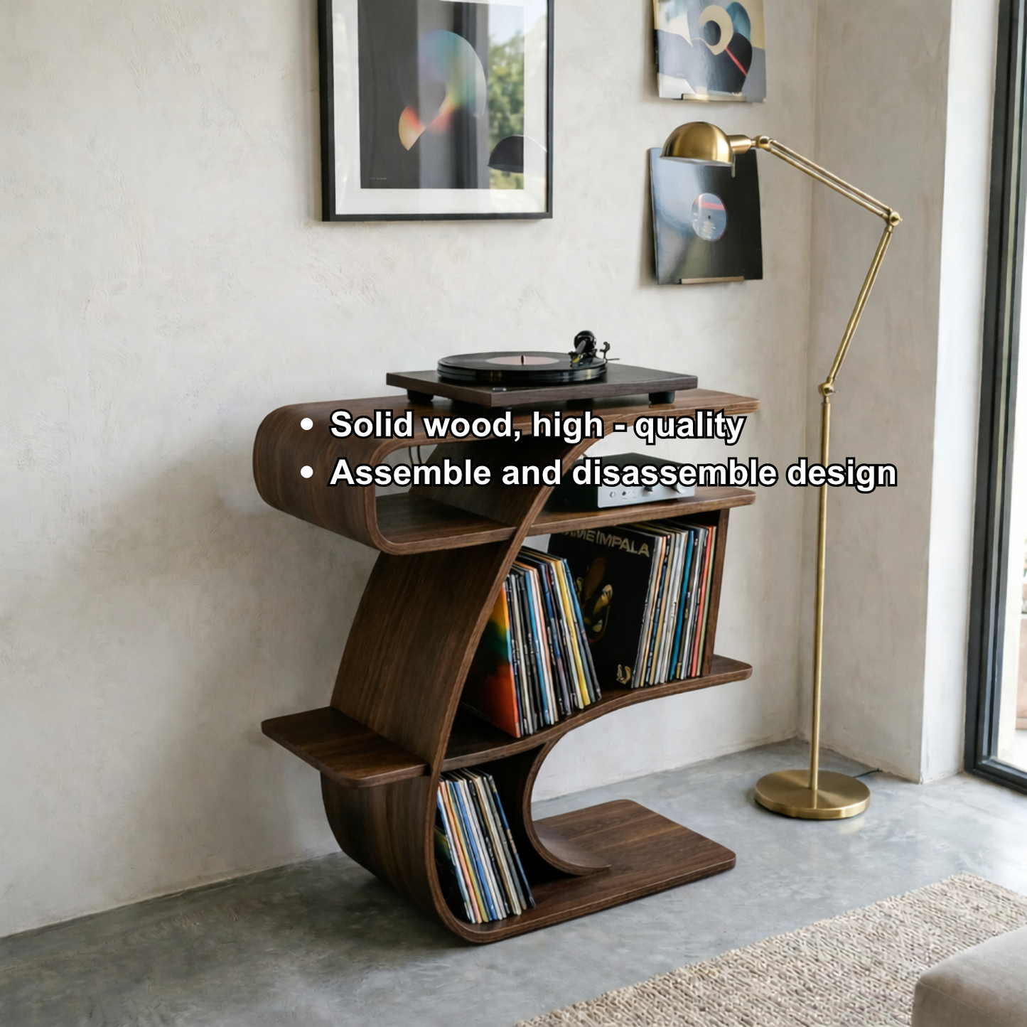 S-Curve Solid Wood Record Player Stand with Vinyl Storage Shelves Kitchnce