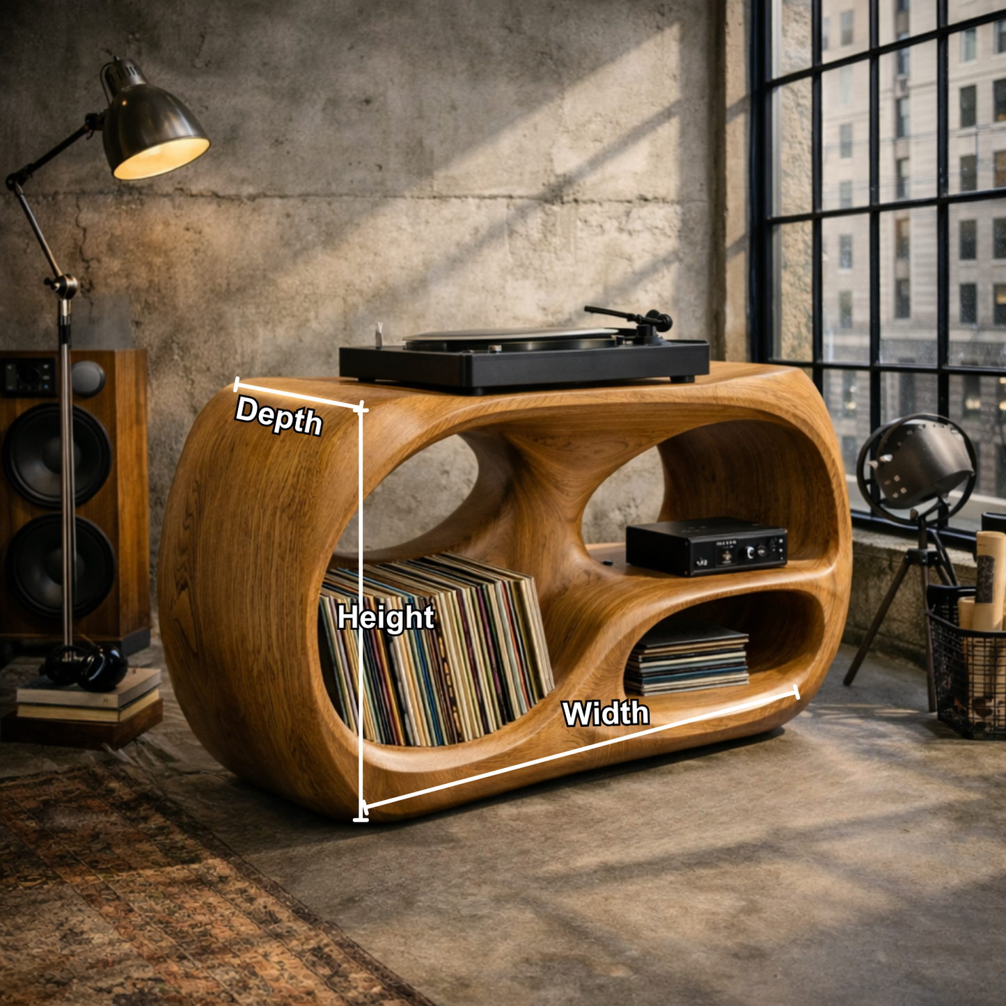 Organic Curve Solid Wood Record Player Stand with Built-In Vinyl Storage Kitchnce
