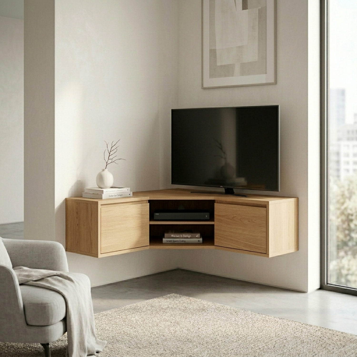 Floating Solid Wood Corner TV Stand with Cabinet Storage and Open Media Shelf