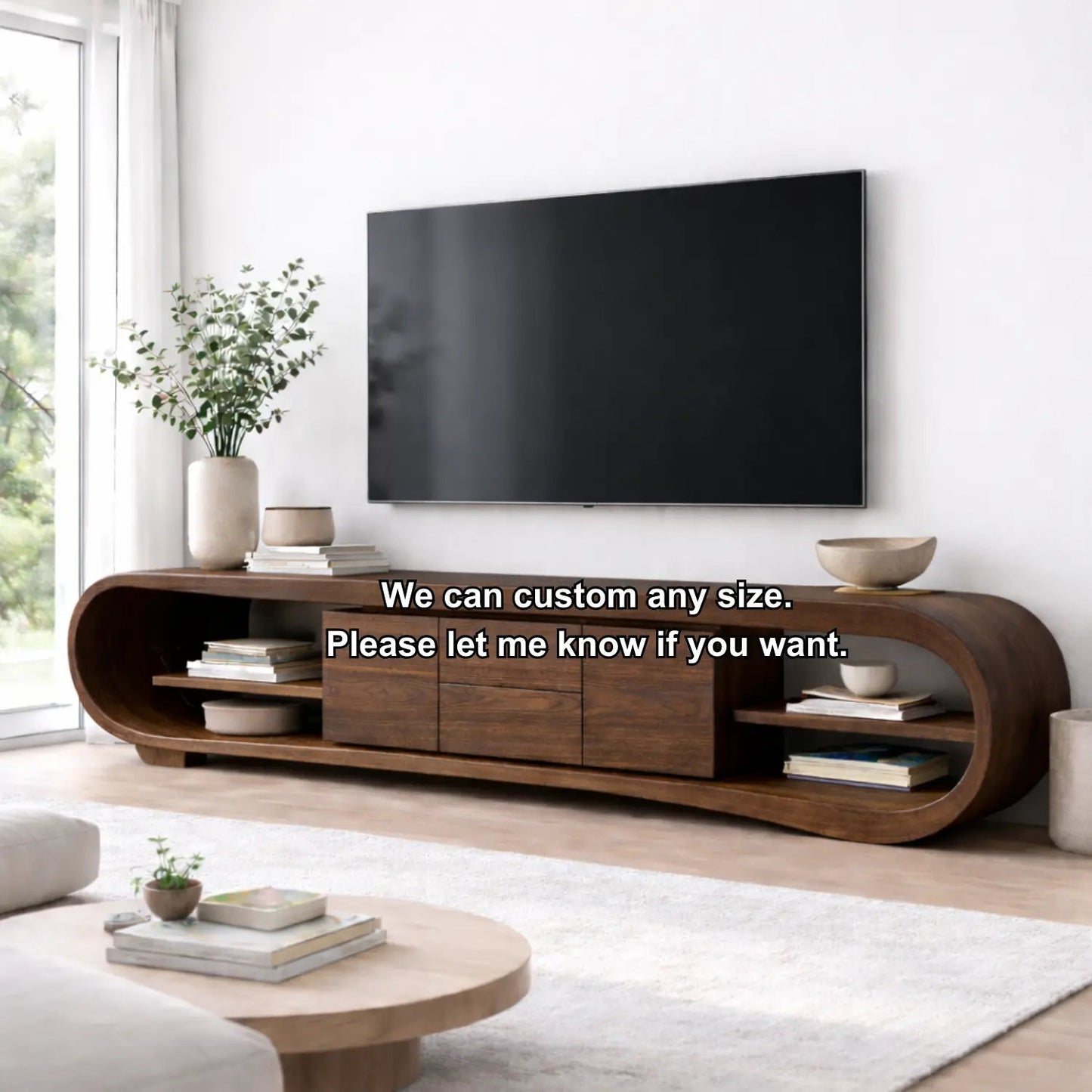 Solid Wood TV Stand with Rounded Frame Ends, Open Shelves and Center Cabinet Storage Kitchnce