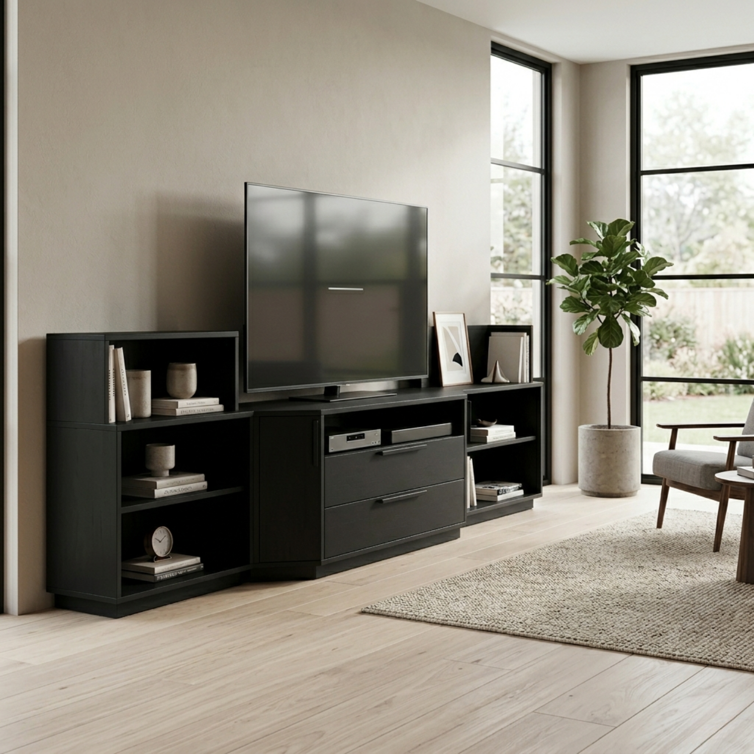 Modern Modular Solid Wood TV Stand with Open Shelves & Storage Cabinet