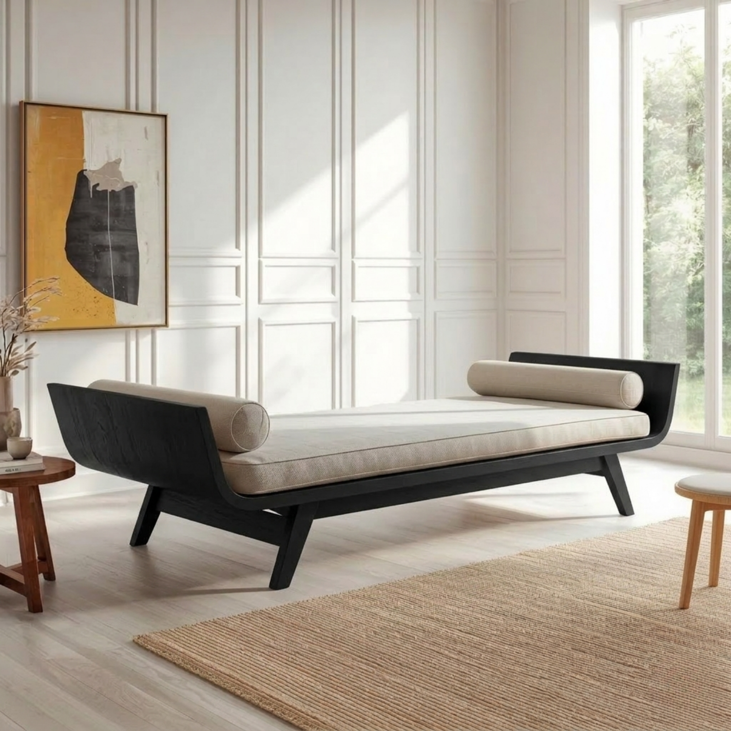 Solid Wood Daybed with Curved Side Panels and Angled Legs – Modern Sculptural Lounge Bed