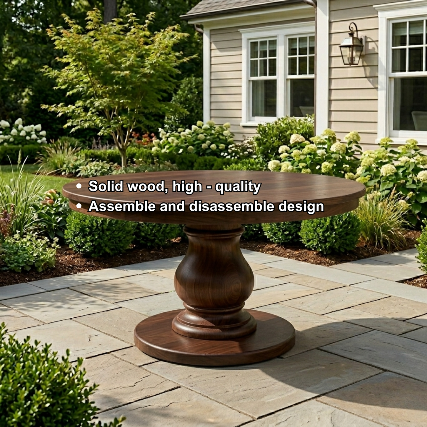 Round Solid Wood Outdoor Dining Table with Classic Turned Pedestal Base