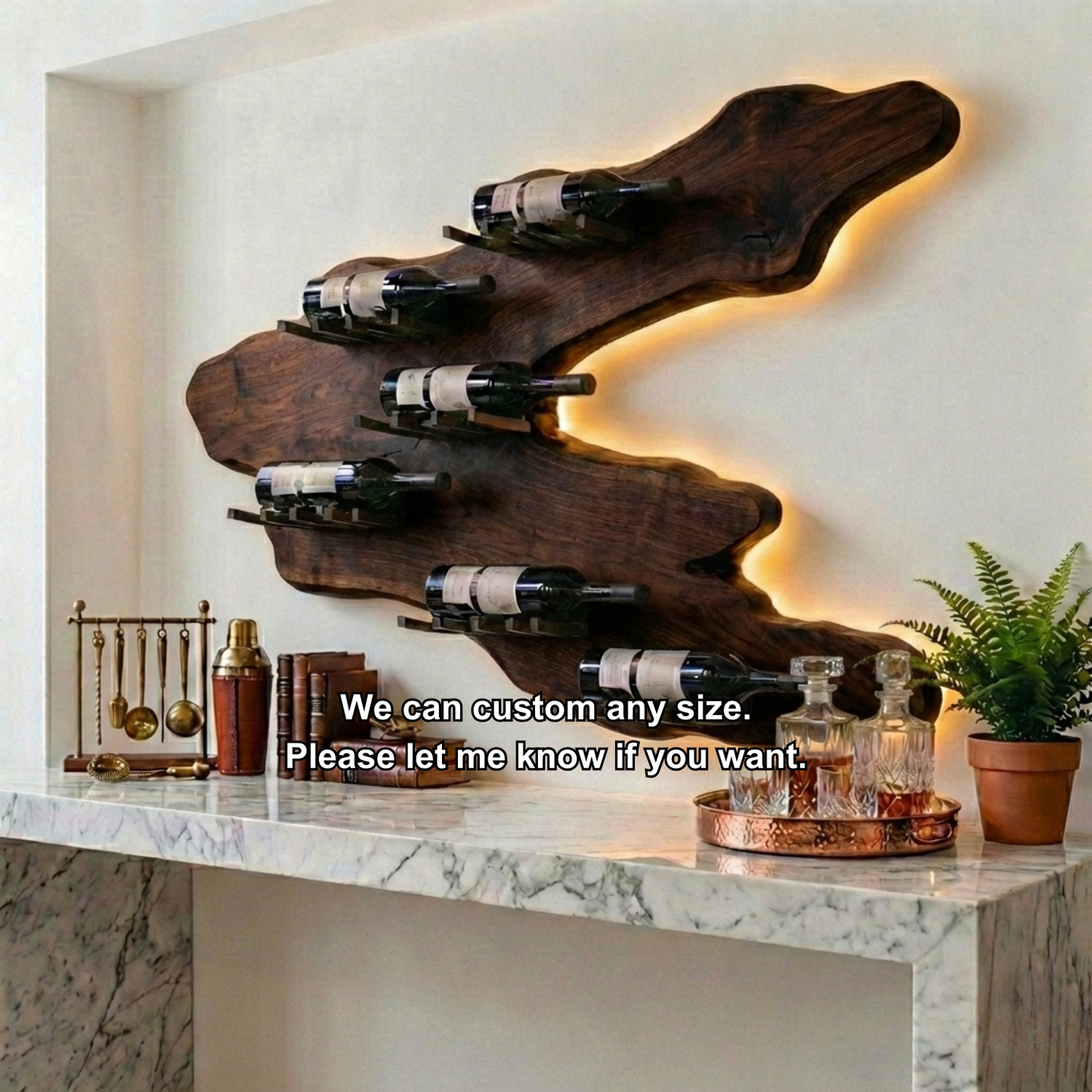 Handcrafted Solid Wood Wall Wine Holder – Live Edge Backlit Sculptural Wine Rack