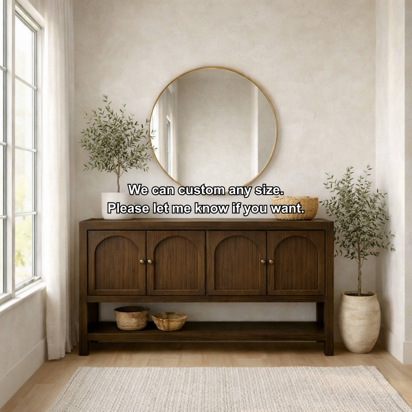Solid Wood Console Table with Arched Doors – Rustic Storage Sideboard
