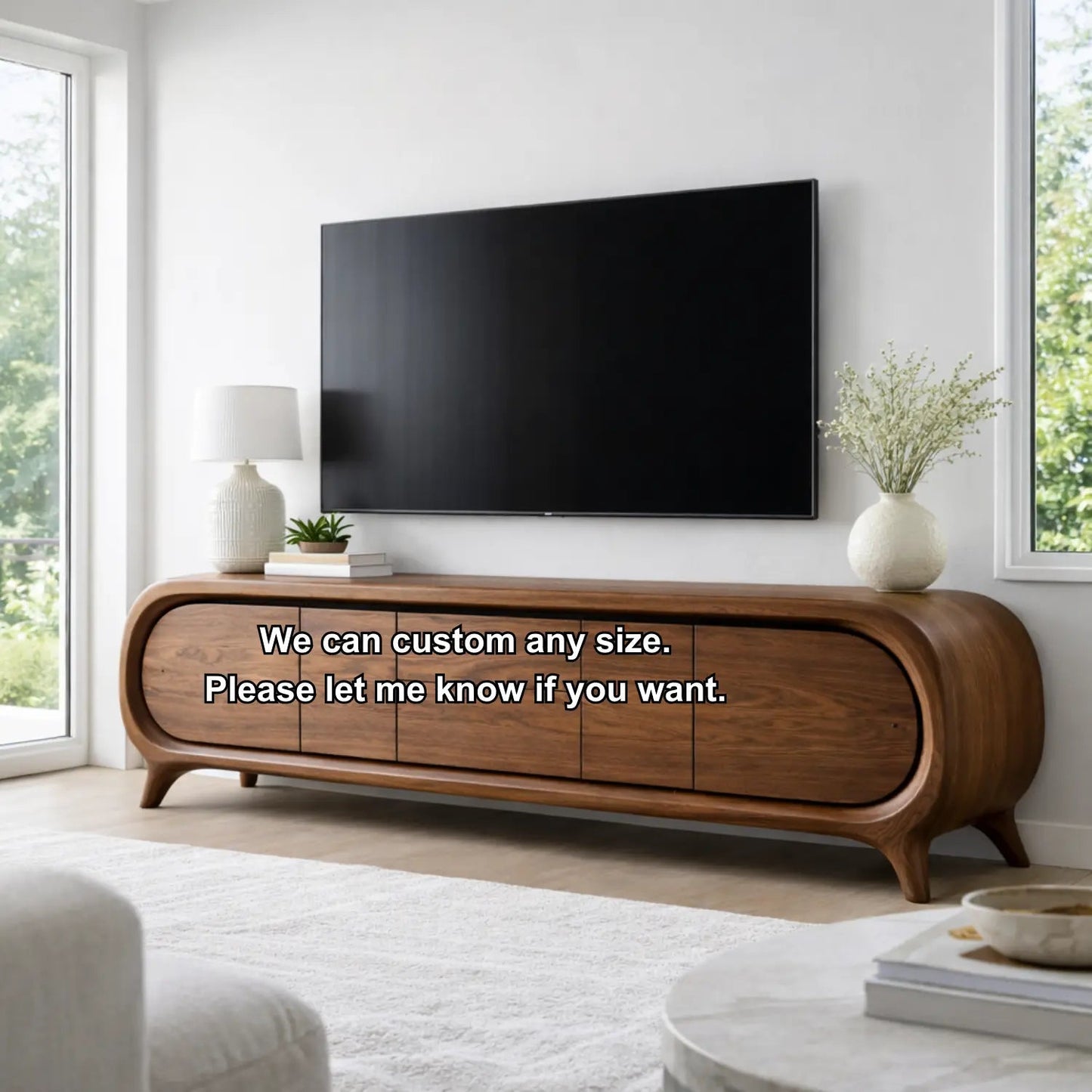 Solid Wood TV Stand with Rounded Edge Frame and Multi Door Media Storage Cabinet Kitchnce