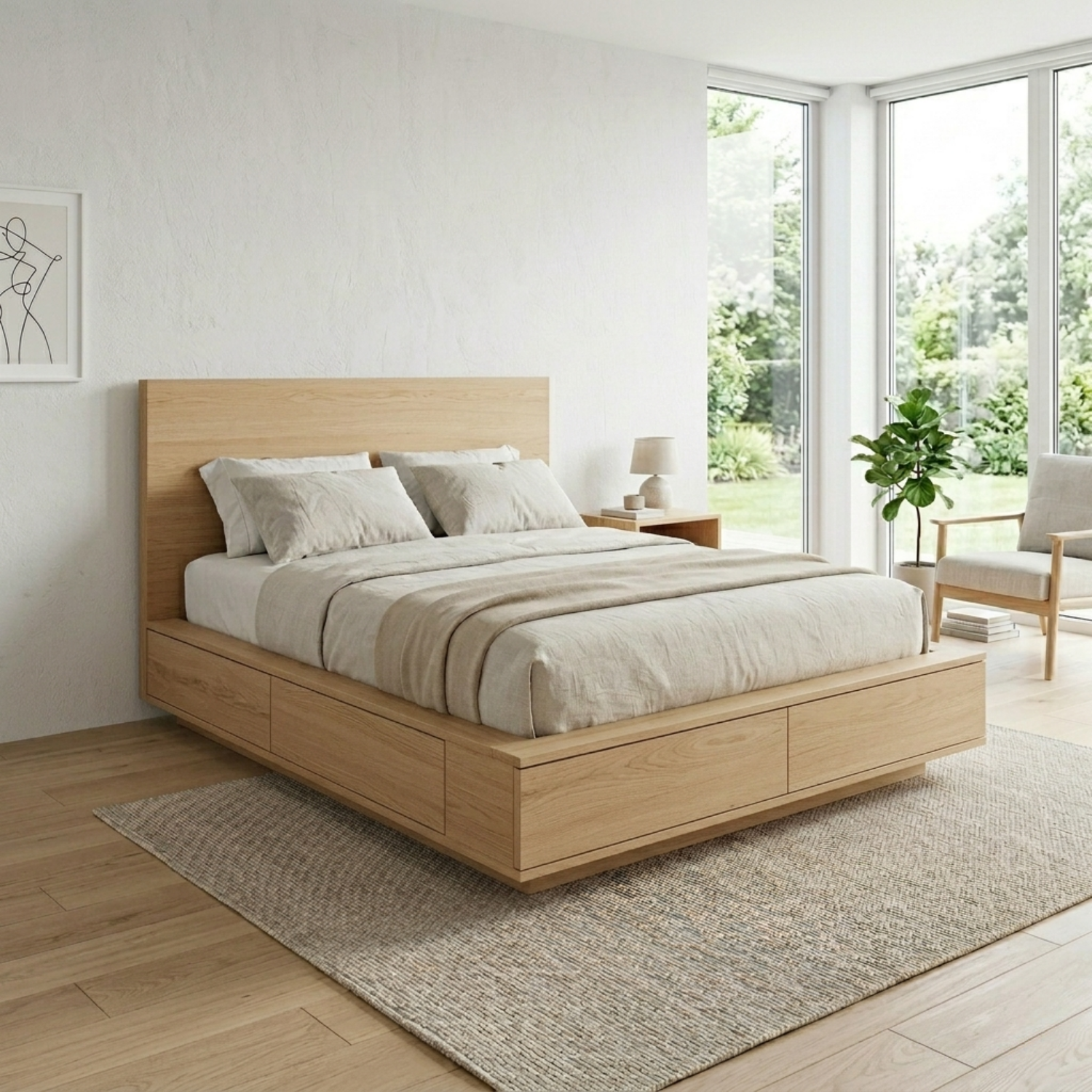 Solid Wood Platform Bed Frame with Integrated Storage Drawers