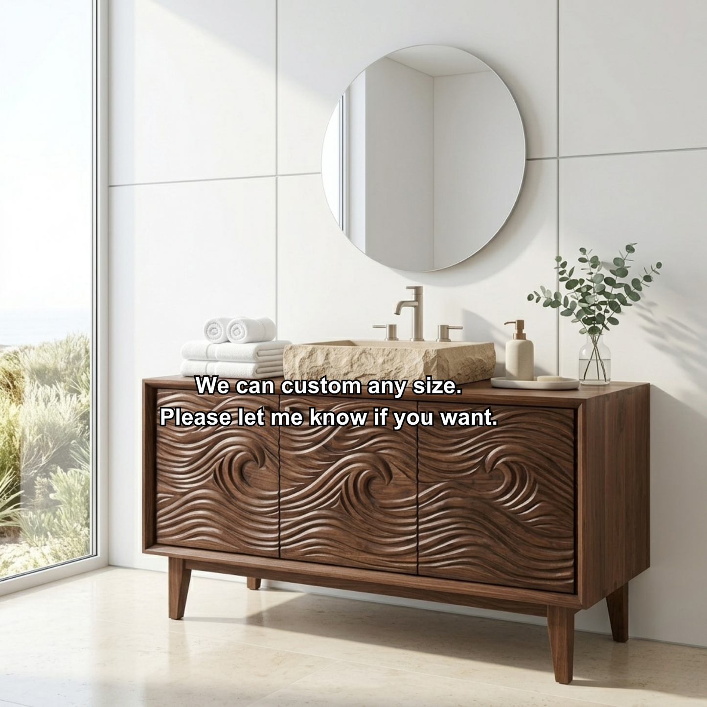 Handcrafted Wave Carved Solid Wood Bathroom Vanity - Modern Organic Credenza Cabinet