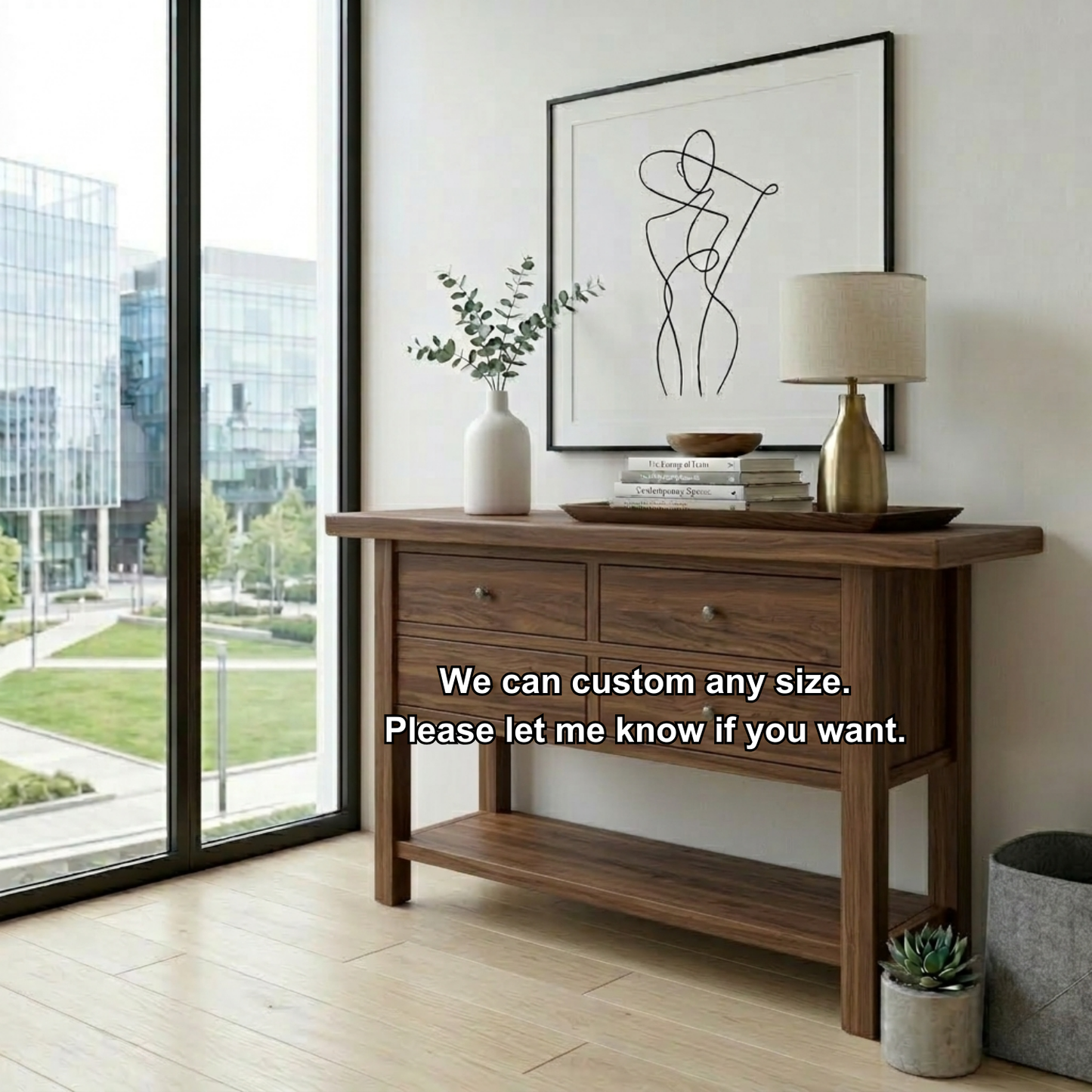 Solid Wood Console Table with 4 Drawers and Shelf – Rustic Entryway Storage Table