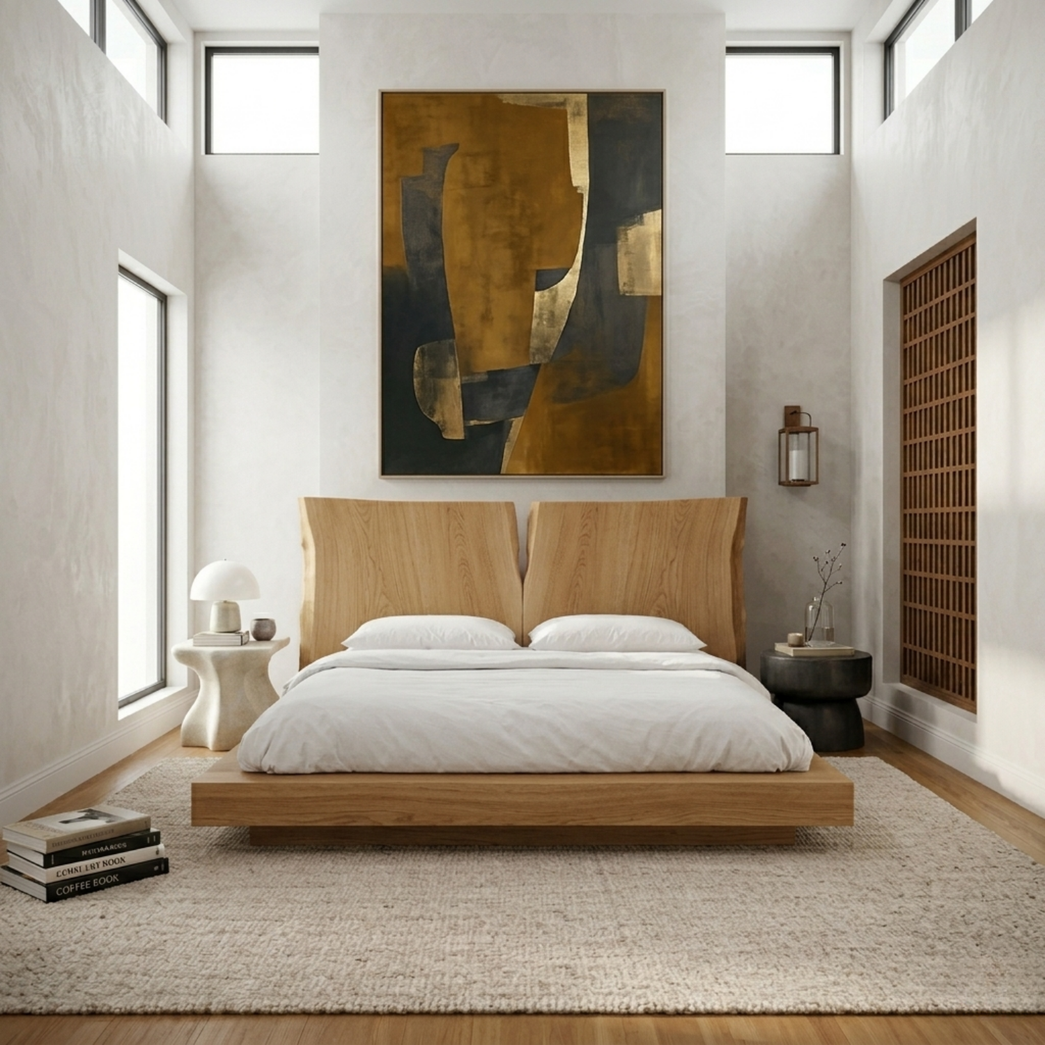 Solid Wood Platform Bed Frame with Sculpted Split Headboard