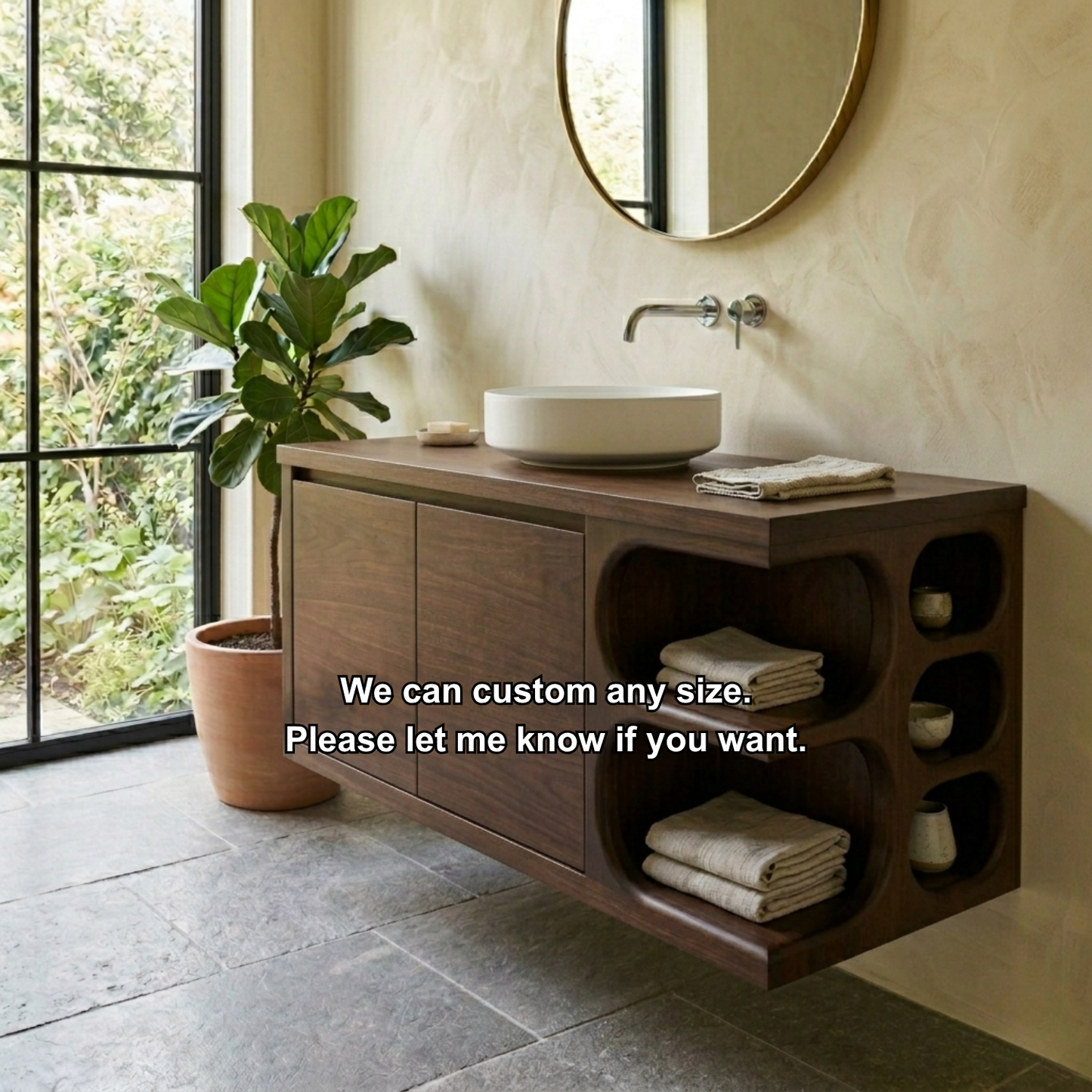 Floating Solid Wood Bathroom Vanity with Cabinet Doors and Sculpted Side Storage