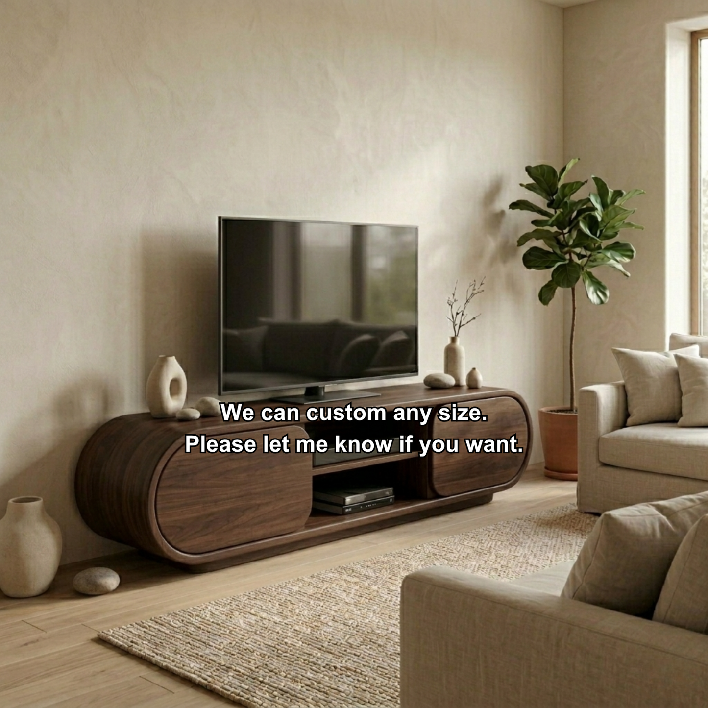 Solid Wood TV Stand with Curved Cabinet Doors and Open Shelf – Modern Media Console