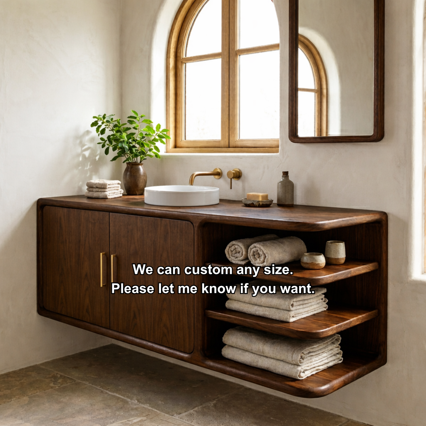 Floating Solid Wood Bathroom Vanity with Rounded Frame, Cabinet Doors and Open Shelving