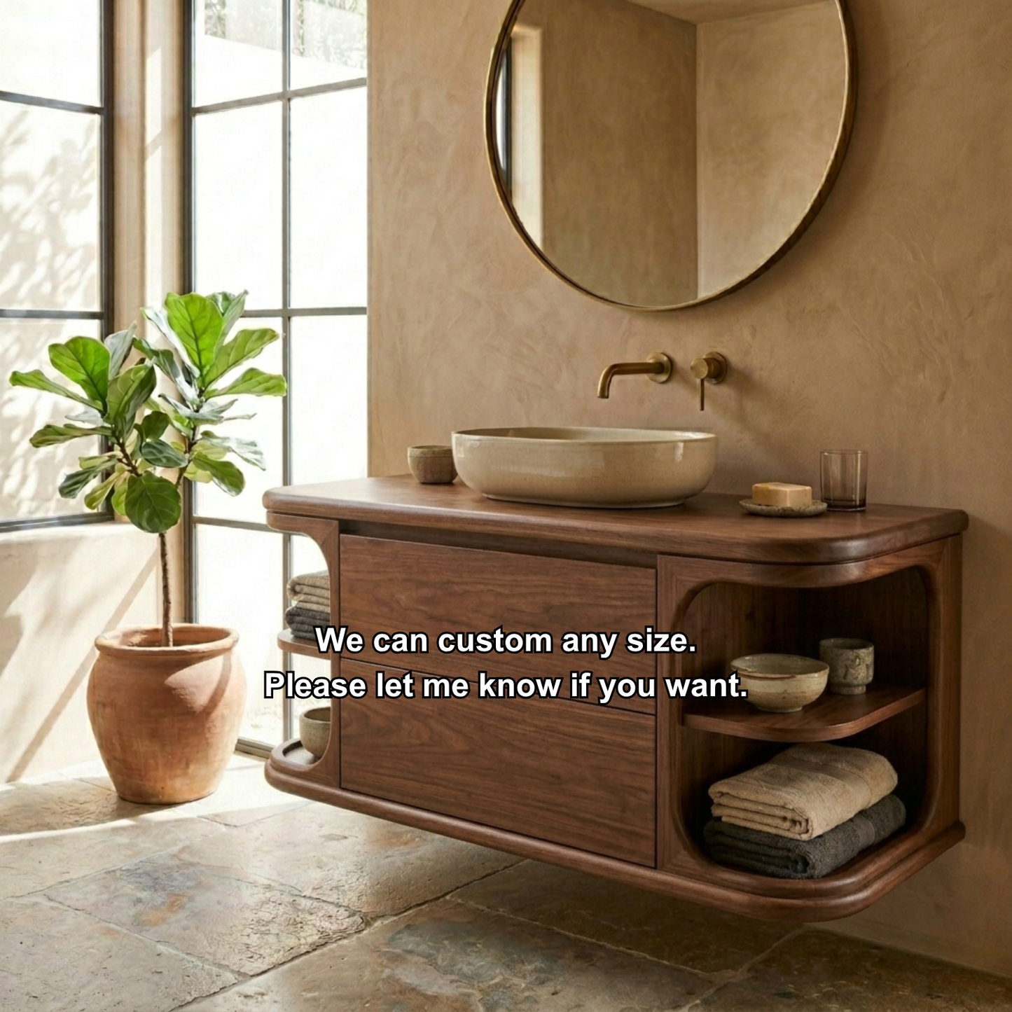 Floating Solid Wood Bathroom Vanity with Drawer Storage and Rounded Side Shelves