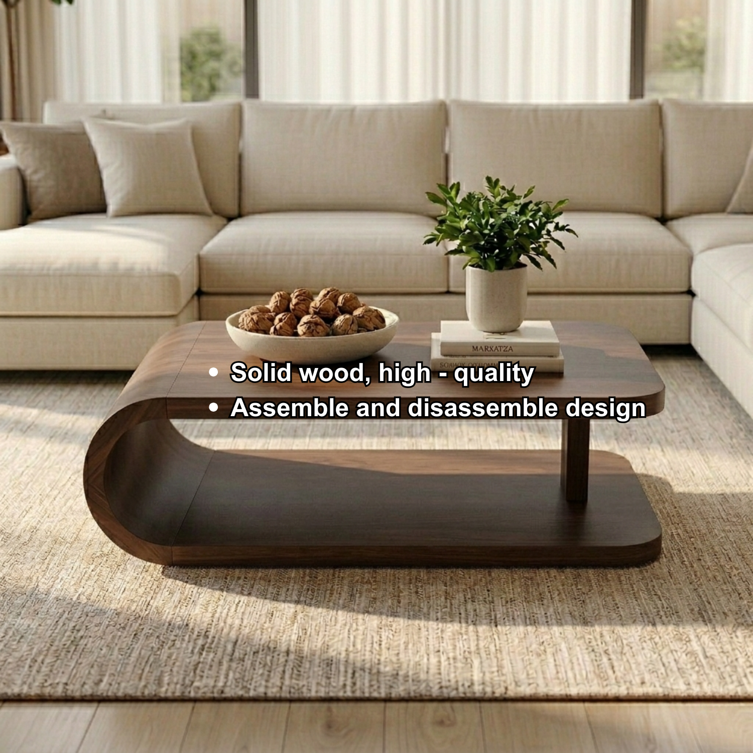 Modern Solid Wood Coffee Table with Curved Base and Storage Shelf for Living Room