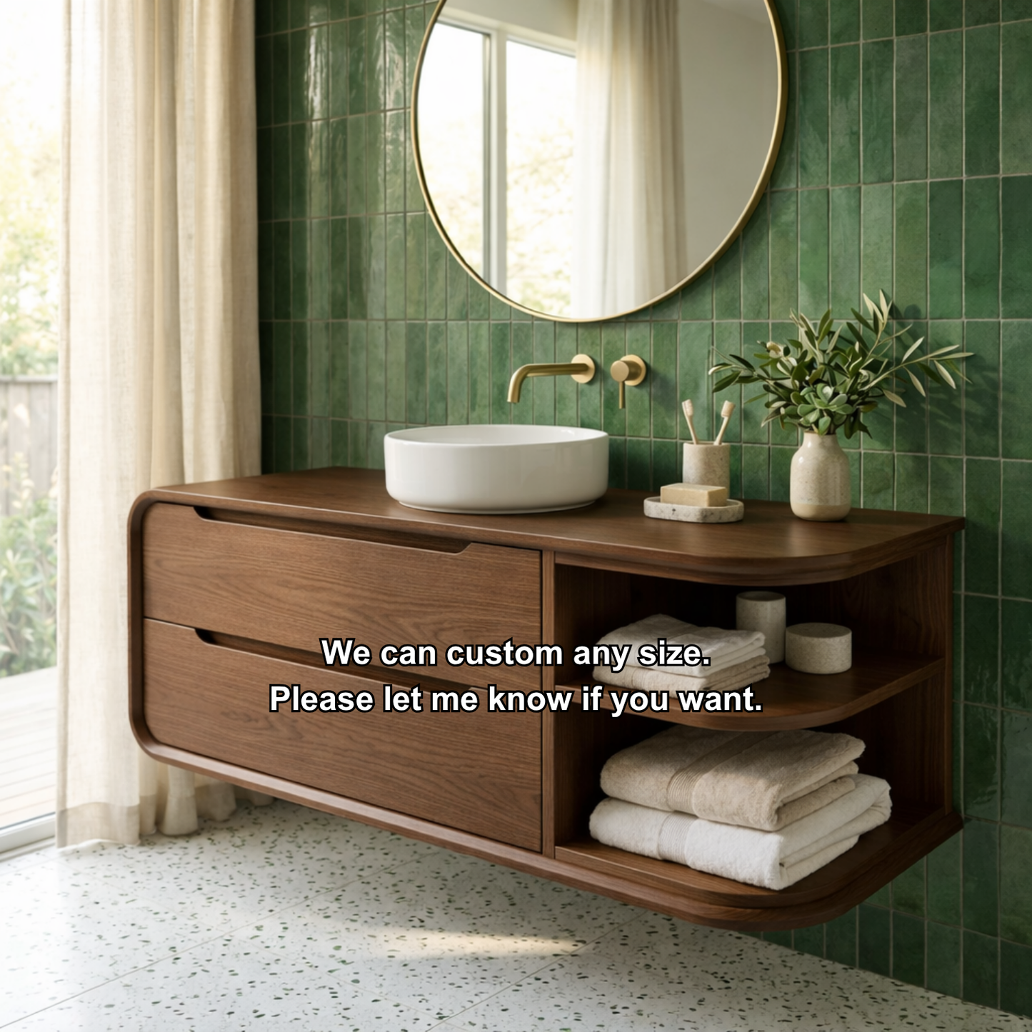 Floating Solid Wood Bathroom Vanity with Rounded Corners, Two Drawers and Open Shelf