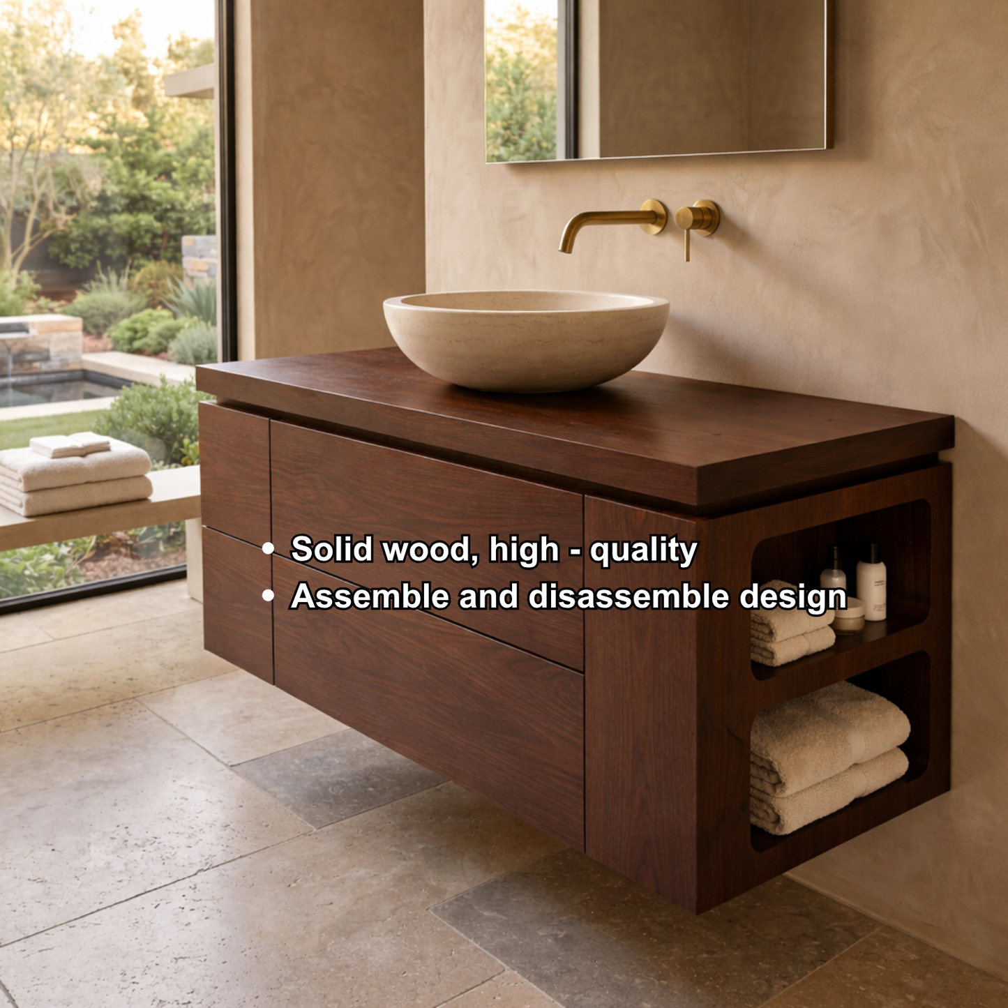 Floating Solid Wood Bathroom Vanity with Double Drawers and Integrated Side Open Shelves