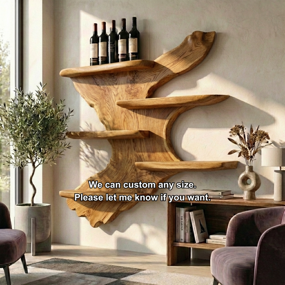 Handcrafted Solid Wood Wall Wine Holder – Sculptural Floating Wine Rack