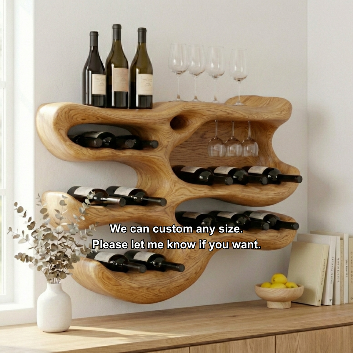 Handcrafted Solid Wood Wall Wine Holder – Sculptural Wine Rack with Glass Storage