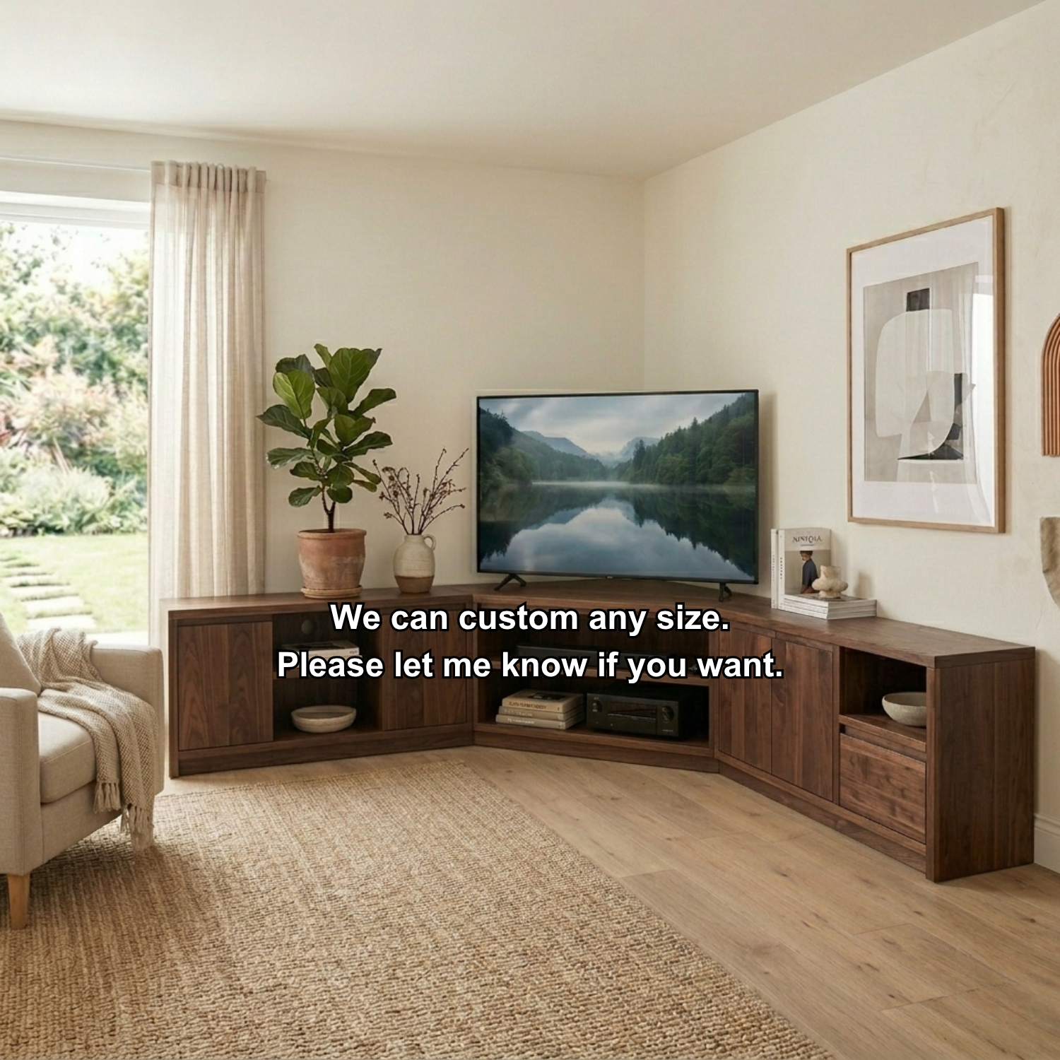 Modular Solid Wood Corner TV Stand with Storage Cabinets and Open Media Shelves