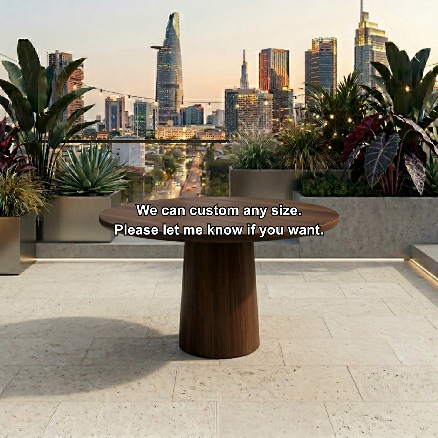 Round Solid Wood Outdoor Dining Table with Minimalist Cylinder Pedestal Base