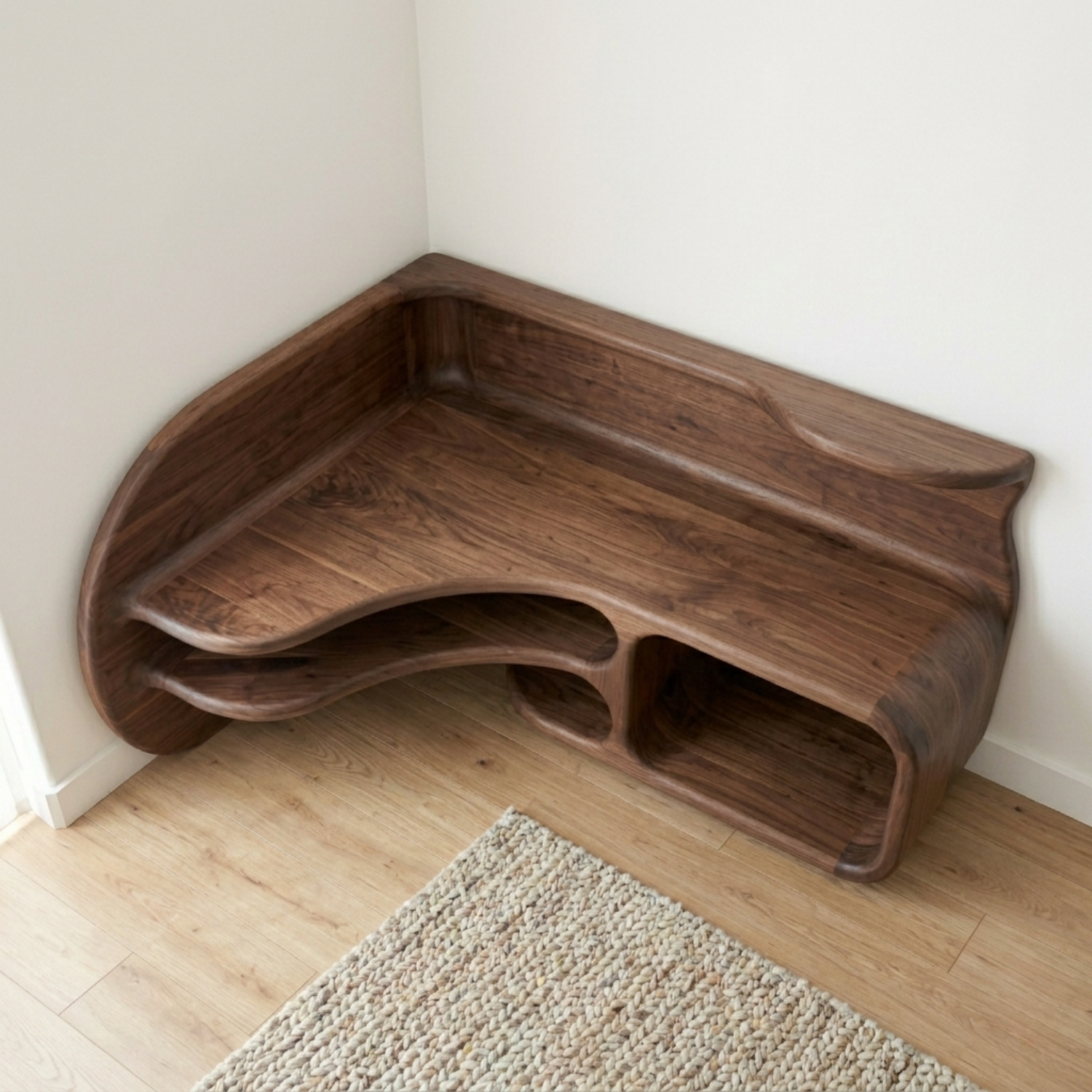 Sculptural Solid Wood Corner TV Stand with Organic Curves and Open Storage