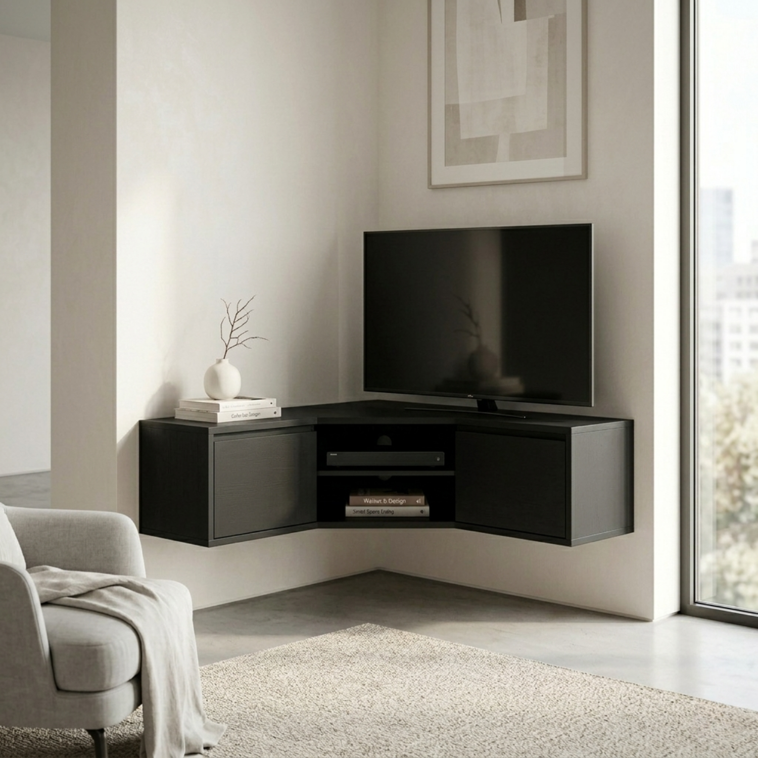 Floating Solid Wood Corner TV Stand with Cabinet Storage and Open Media Shelf