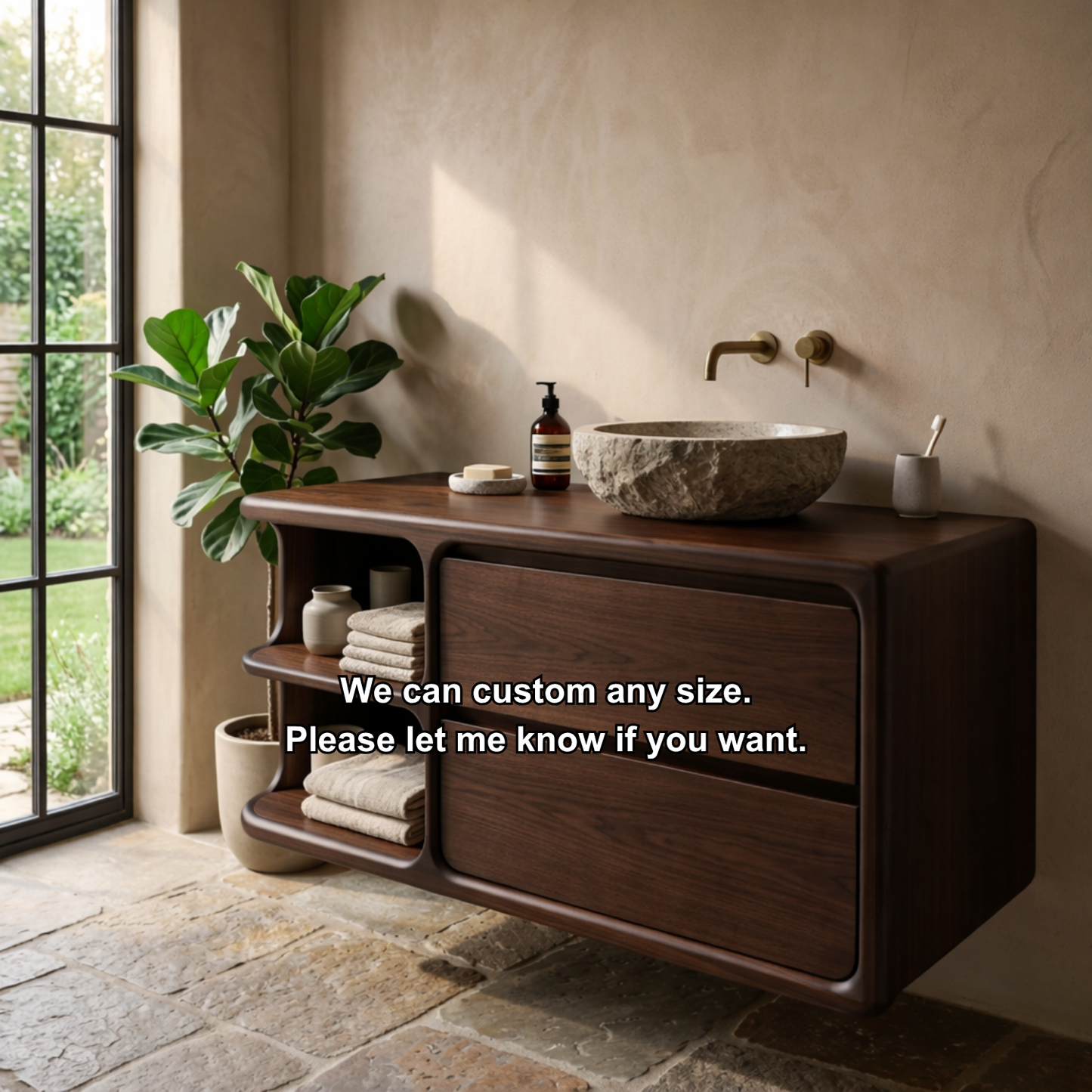 Floating Solid Wood Bathroom Vanity with Curved Frame, Two Drawers and Sculpted Open Shelves