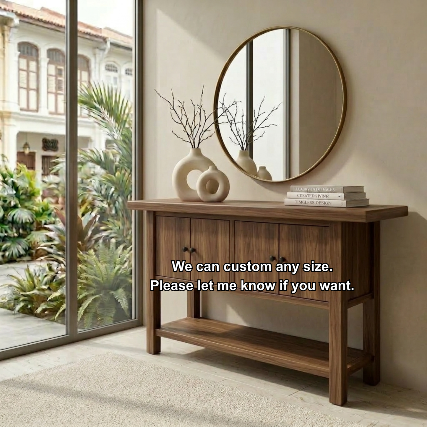 Solid Wood Console Table with Cabinet Doors and Shelf – Rustic Entryway Storage Table