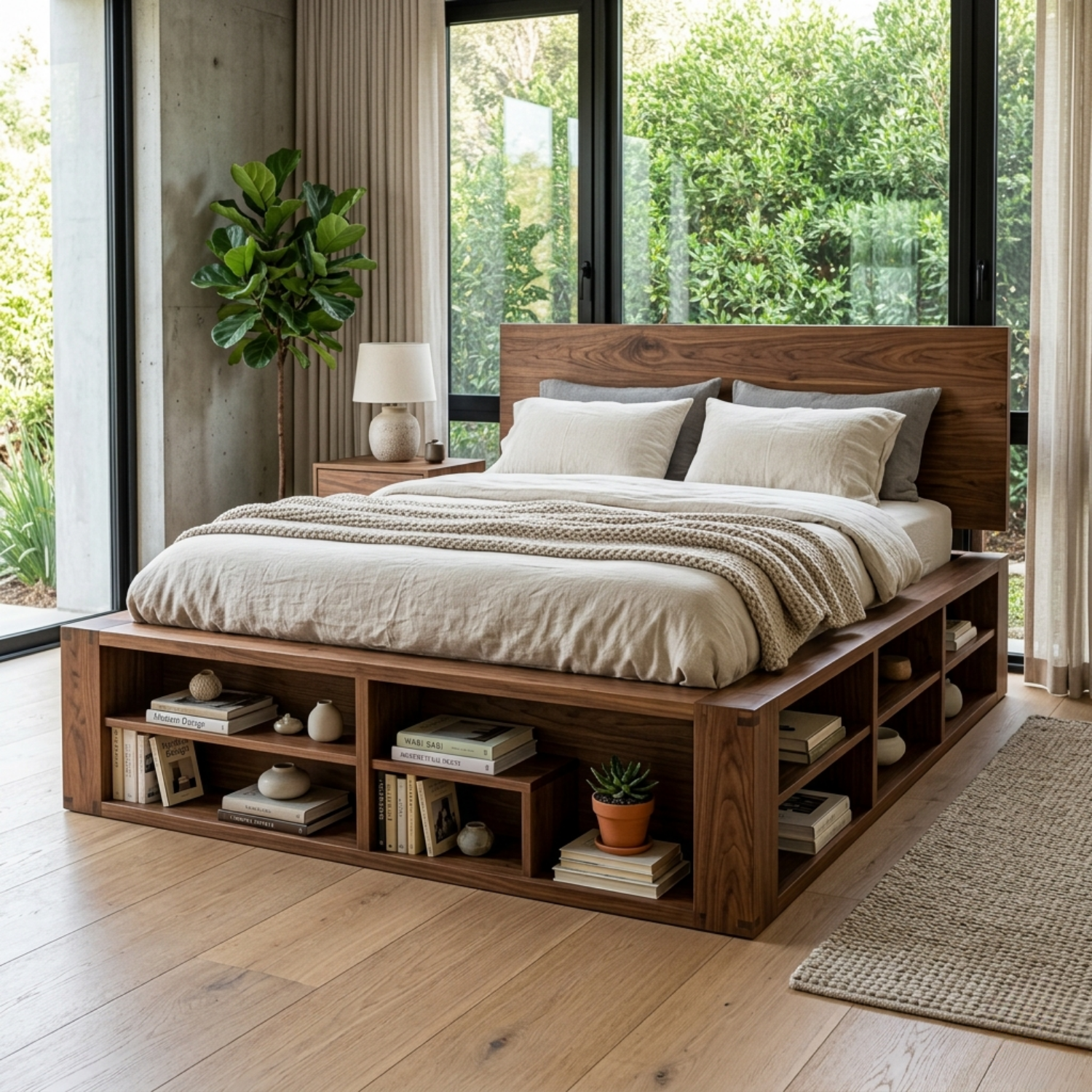 Solid Wood Platform Bed Frame with Built-In Open Shelf Storage Base