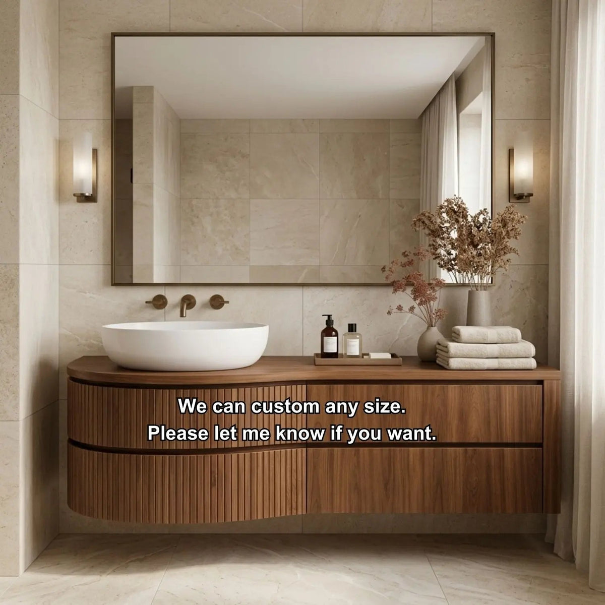 Curved Floating Bathroom Vanity with Fluted Wood Panels and Drawer Storage Kitchnce
