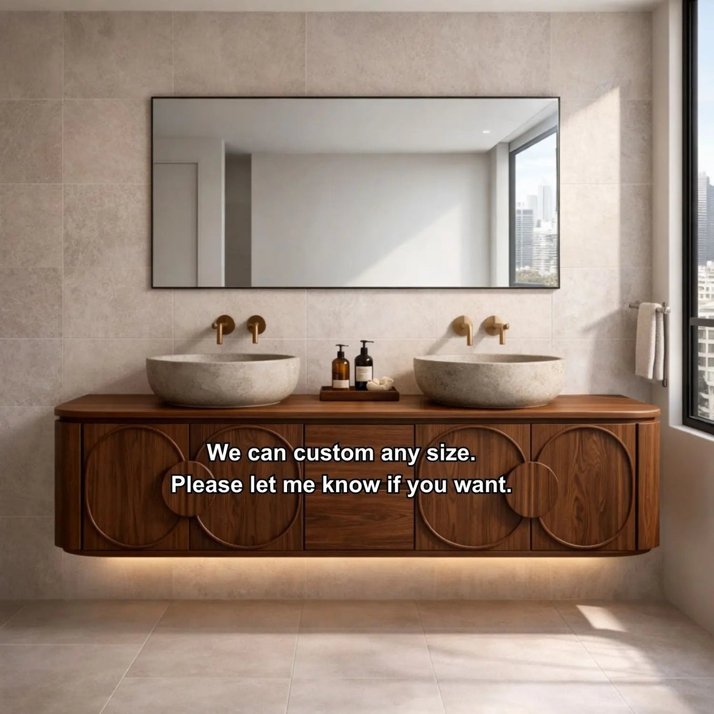Floating Bathroom Vanity with Circular Panel Doors and Center Drawer Storage Kitchnce