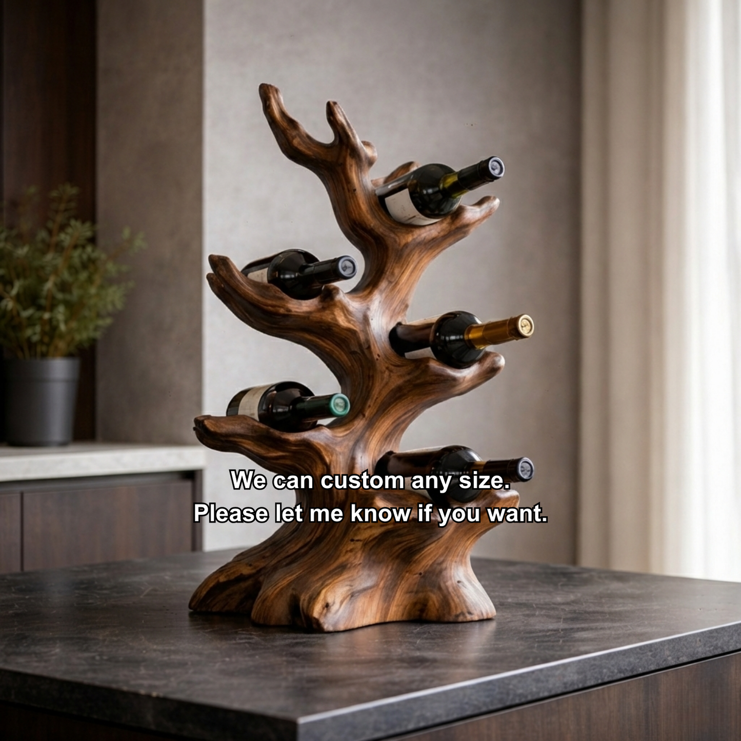 Handcrafted Solid Wood Wine Holder – Tree-Inspired Sculptural Countertop Wine Rack